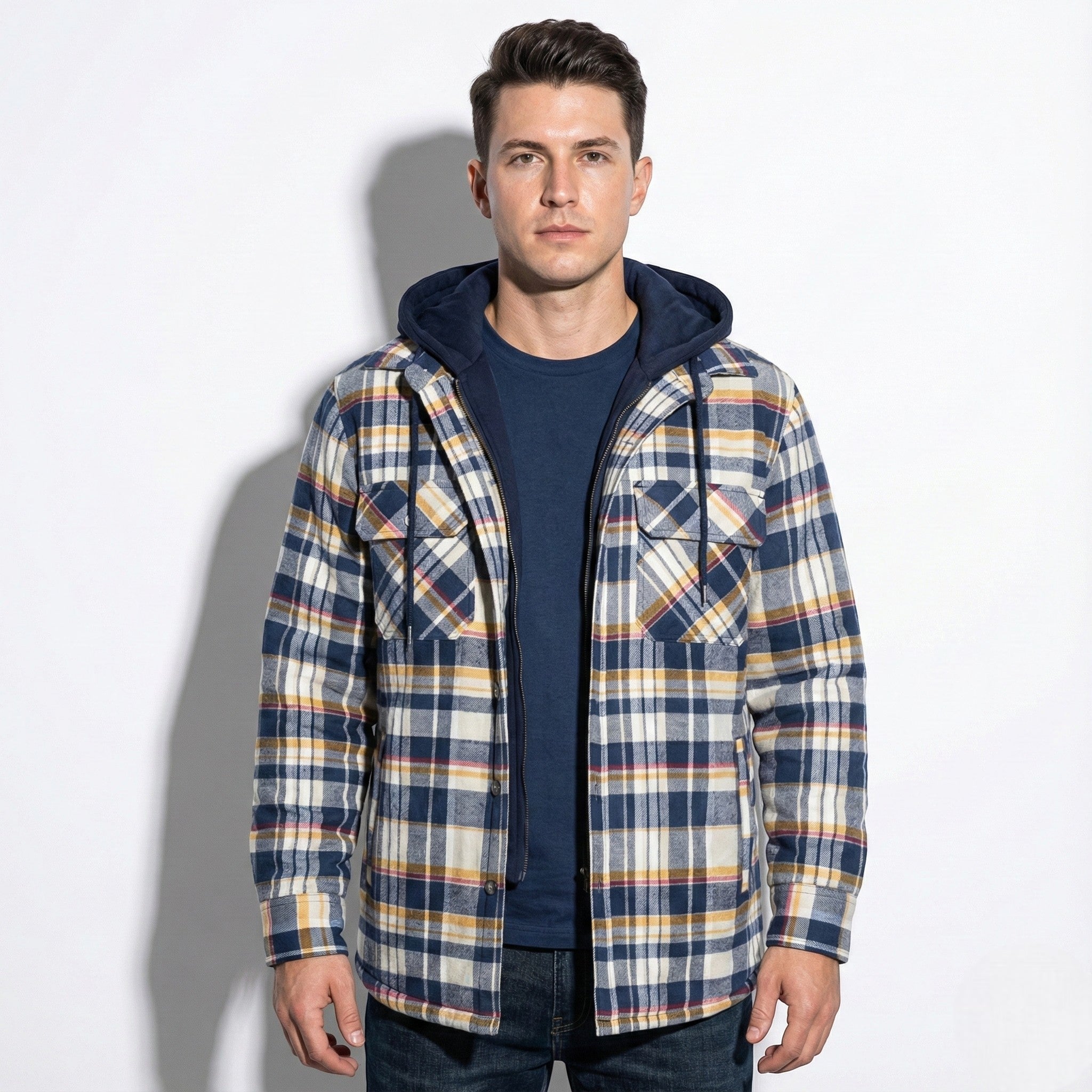 Jaxon – Men’s Cotton Hooded Check Jacket - Jackets - Yellow - Jones & Smith