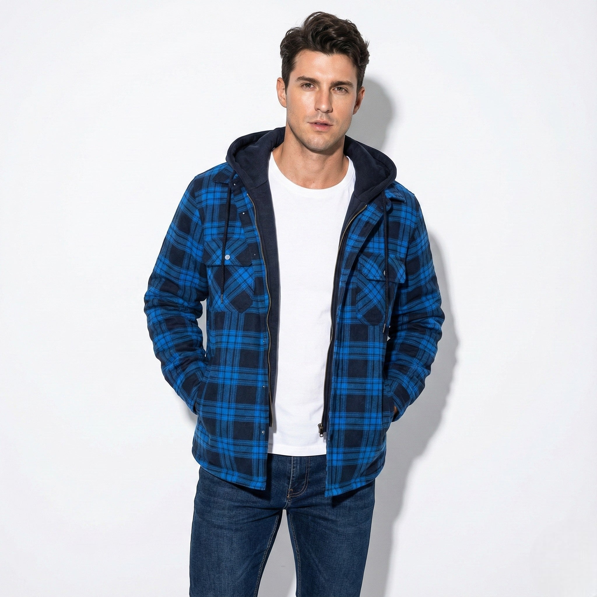 Jaxon – Men’s Cotton Hooded Check Jacket - Jackets - Blue - Jones & Smith