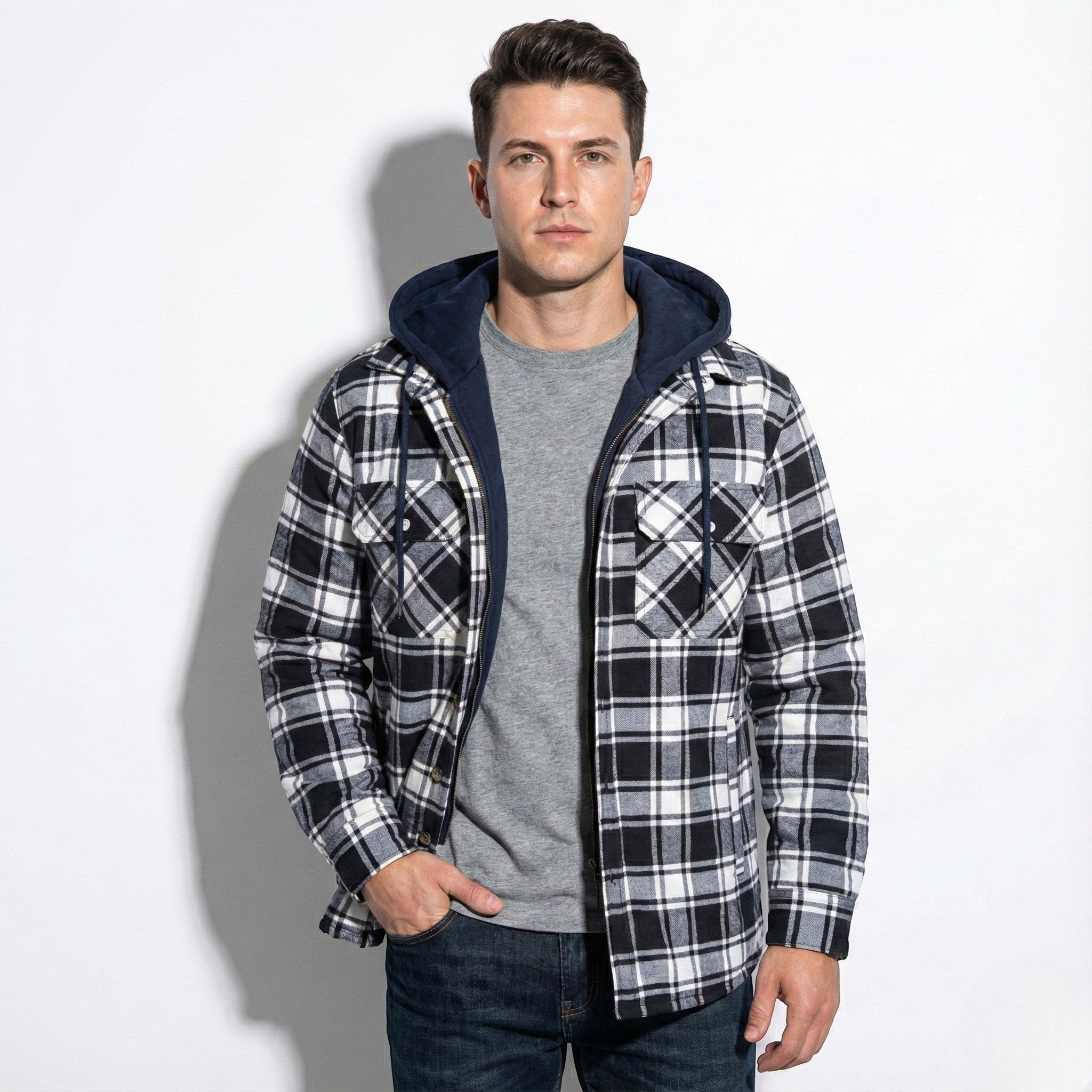 Jaxon – Men’s Cotton Hooded Check Jacket - Jackets - Black - Jones & Smith