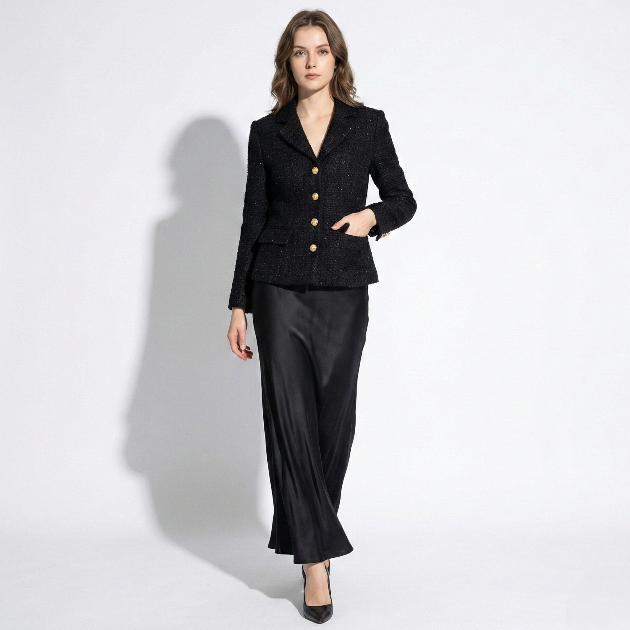 Jessica - Women's Slim - Fit Lapel Fitted Blazer & Skirt Set - Jackets, Coats, & Blazer - Black - Jones & Smith