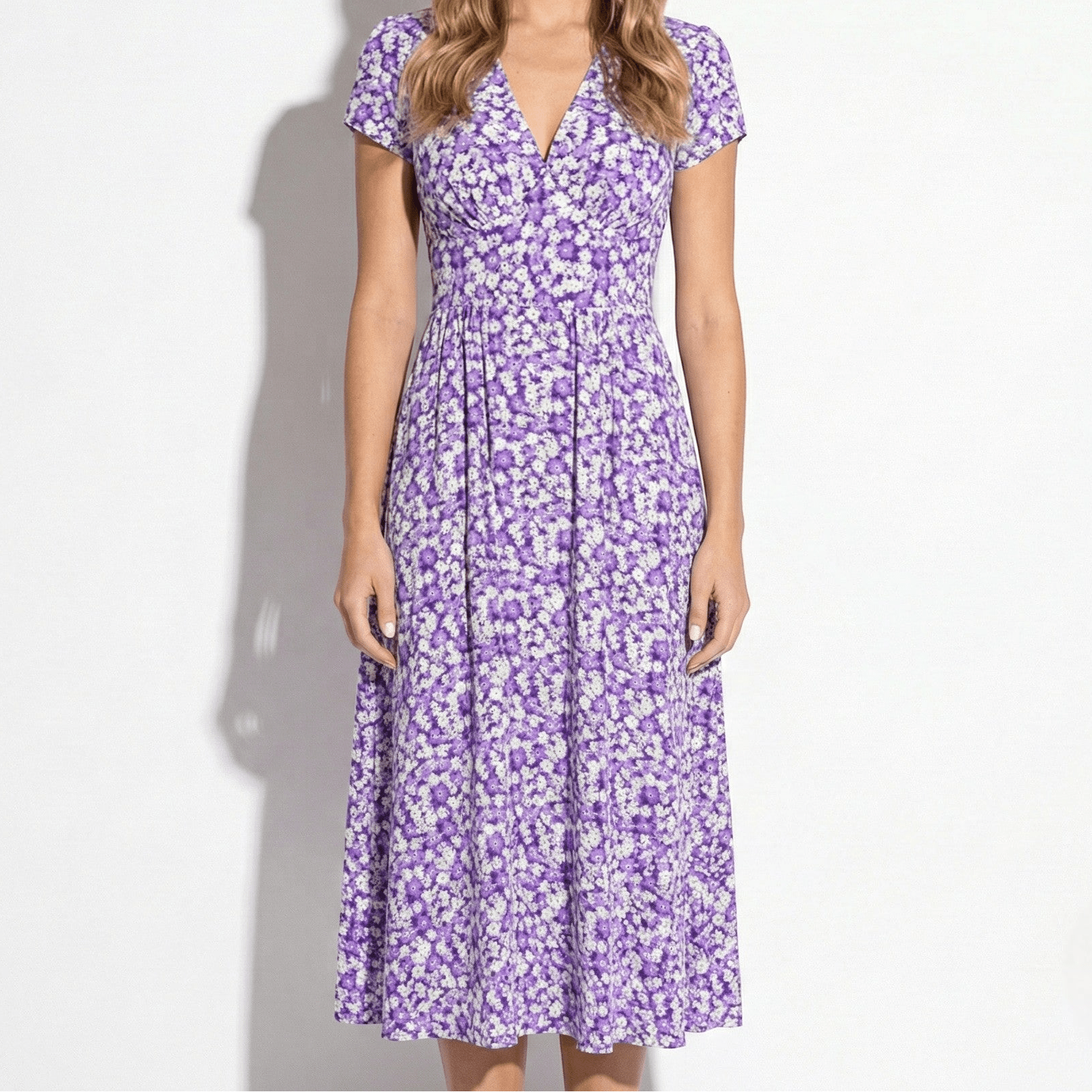 Joan - Women's Floral V - Neck Midi Dress with Pockets - Dresses - Purple - Jones & Smith