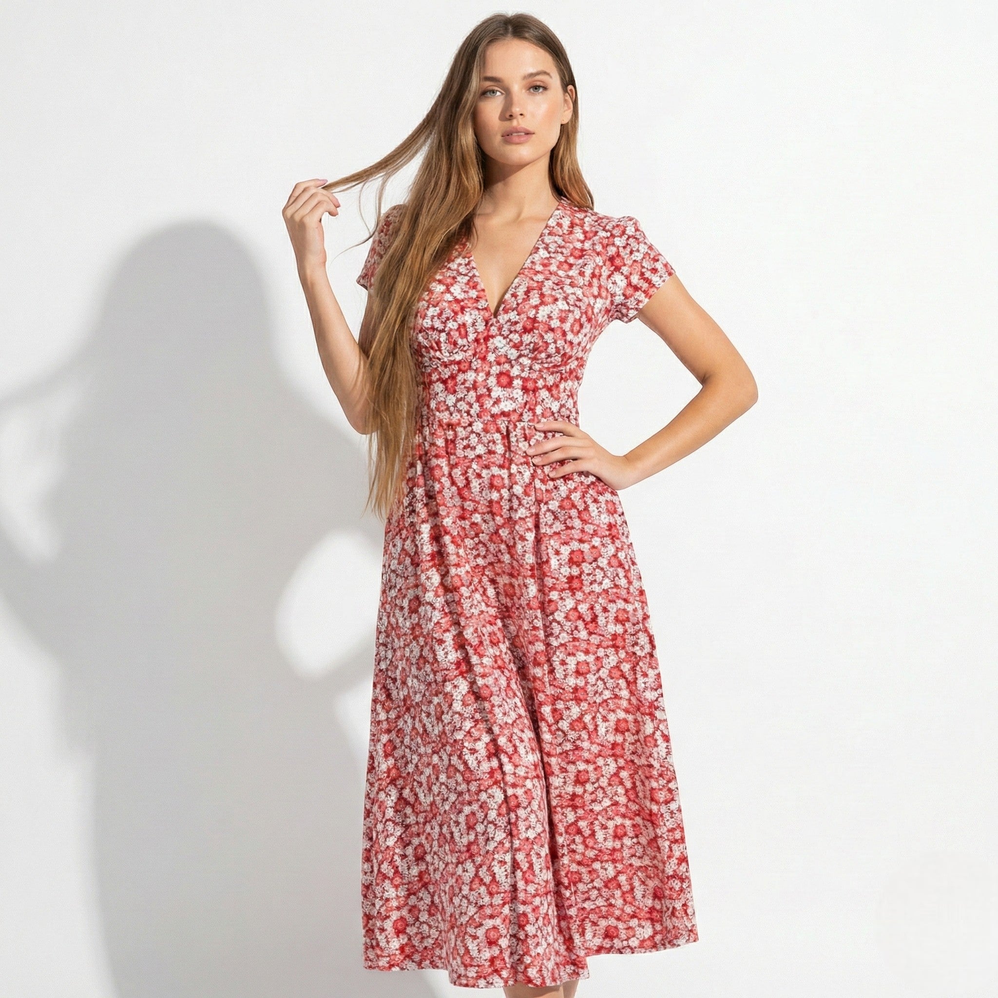 Joan - Women's Floral V - Neck Midi Dress with Pockets - Dresses - Red - Jones & Smith