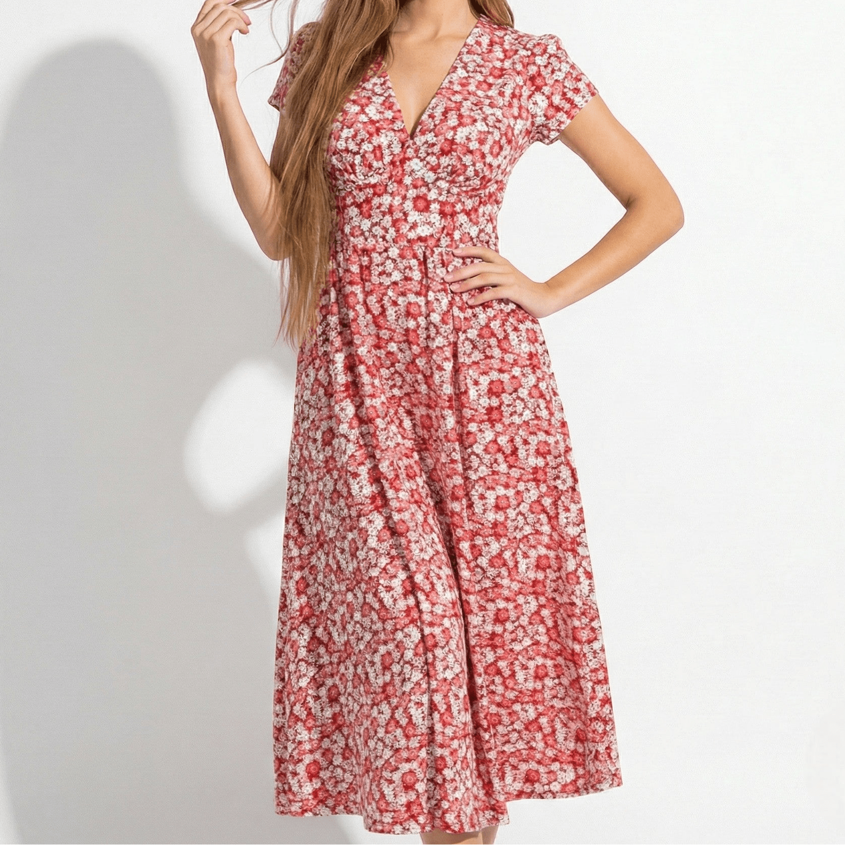 Joan - Women's Floral V - Neck Midi Dress with Pockets - Dresses - Red - Jones & Smith