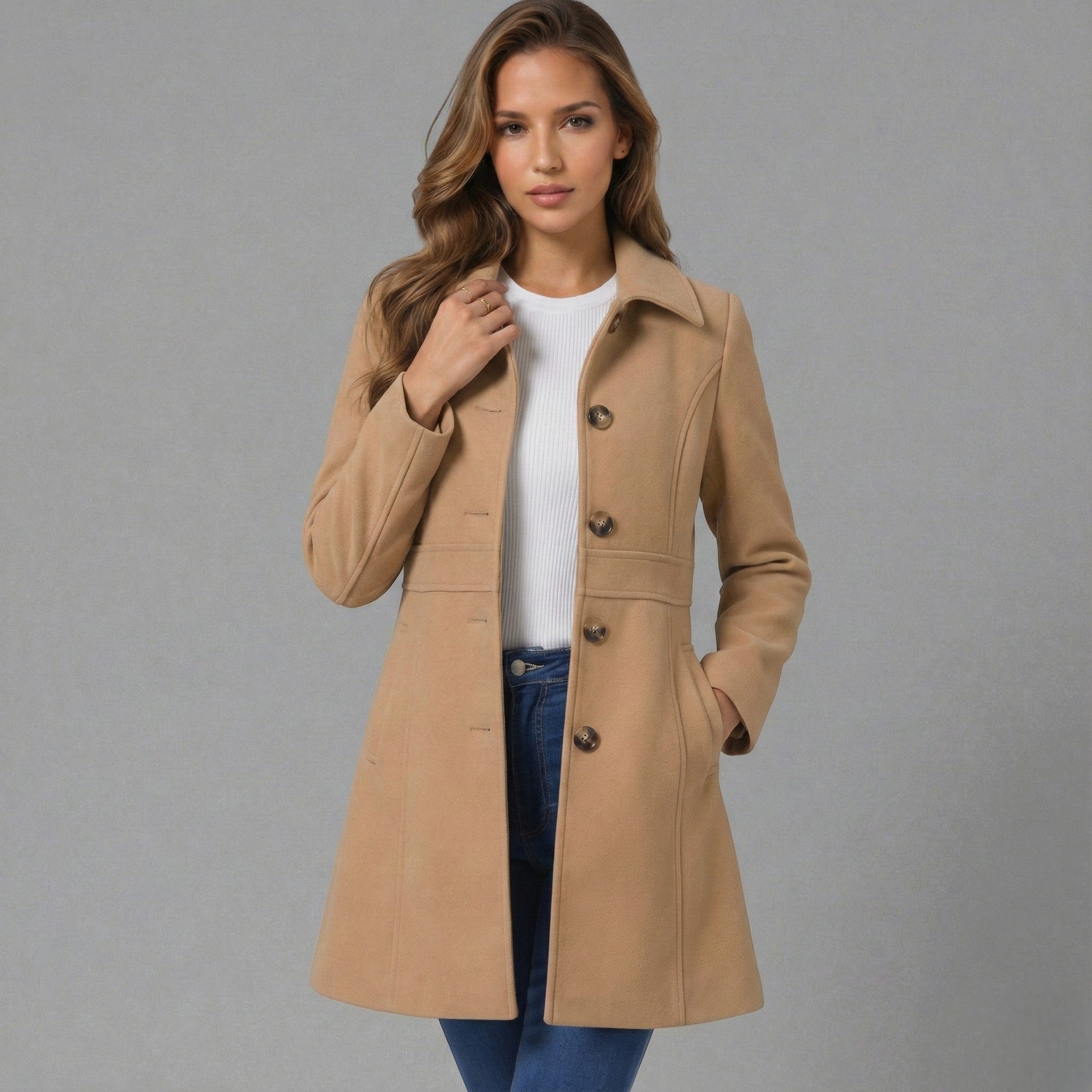 Josephine – Women's Coat with Button Placket - Jacket - Khaki - Jones & Smith