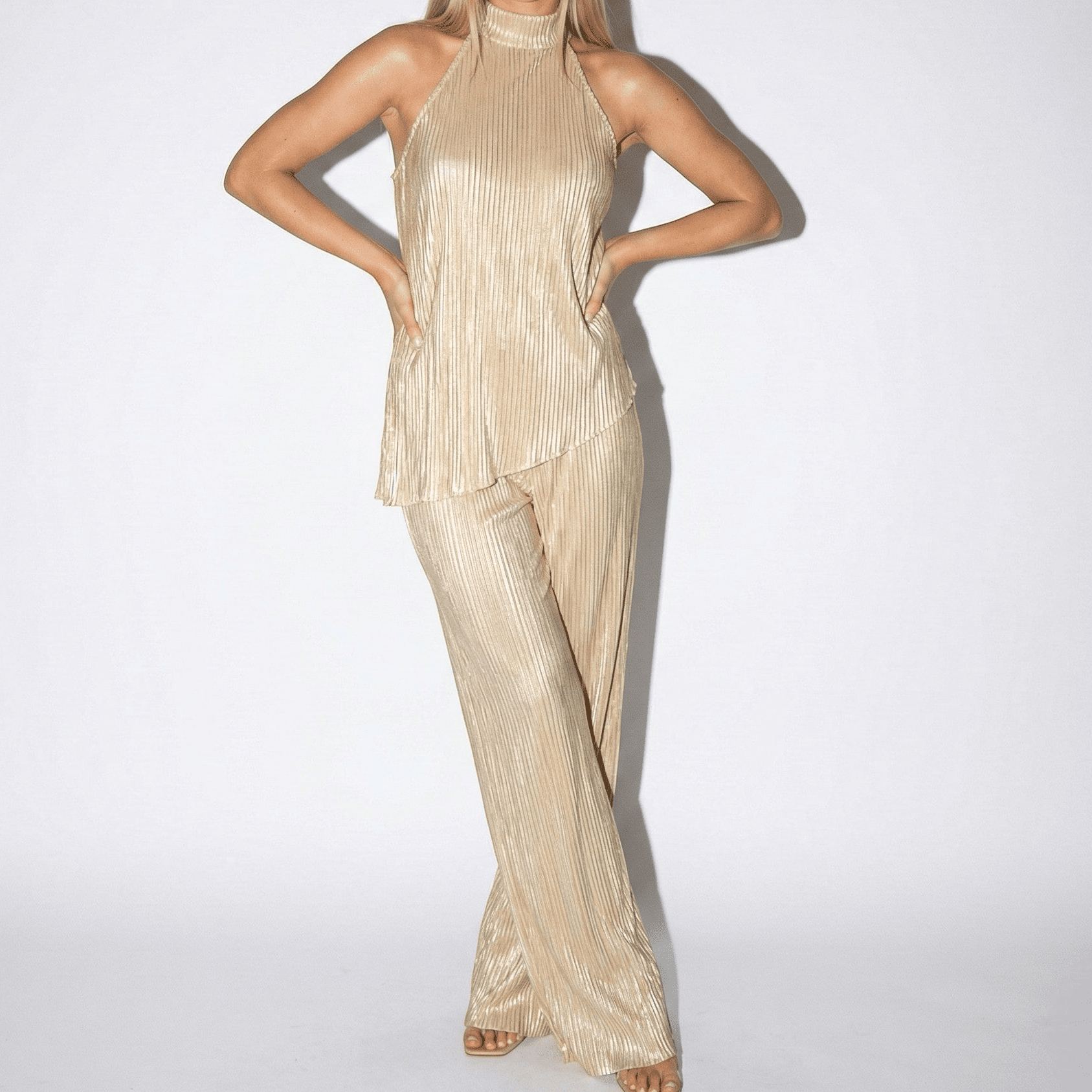 Katie - Women's Elegant Halter Top & Flowing Wide - Leg Trouser Set - Sets - Cream - Jones & Smith