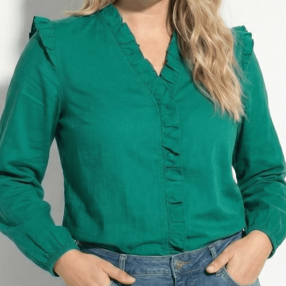 Lena – Women's Ruffled V - Neck Long - Sleeved Blouse - Blouses - Green - Jones & Smith