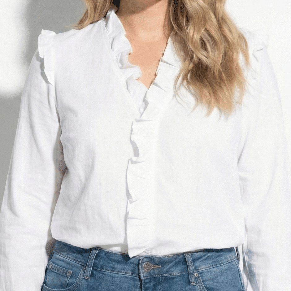 Lena – Women's Ruffled V - Neck Long - Sleeved Blouse - Blouses - White - Jones & Smith