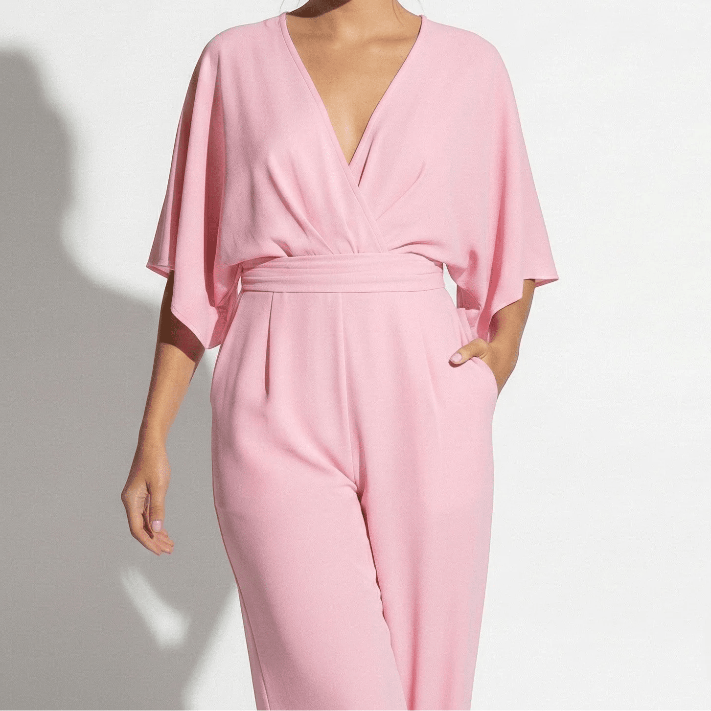 Lena - Women's V - neck Wrap Style Wide - Leg Jumpsuit - Jumpsuits - Pink - Jones & Smith
