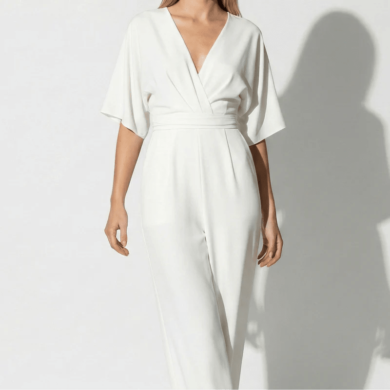 Lena - Women's V - neck Wrap Style Wide - Leg Jumpsuit - Jumpsuits - White - Jones & Smith
