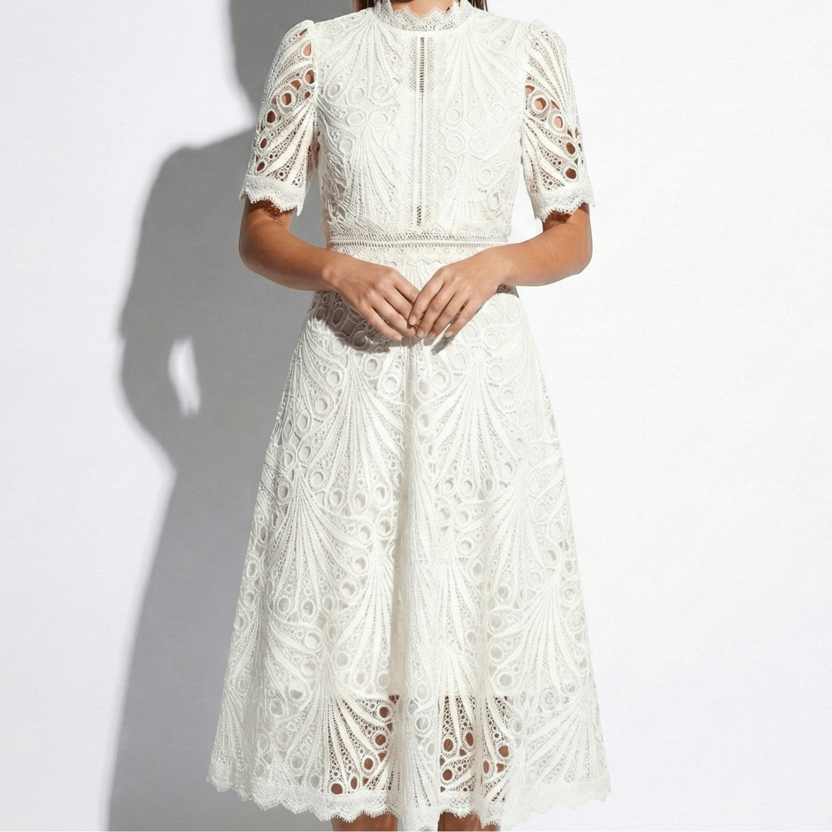 Lexi - Women's Lace Midi Dress with High Neck and Short Sleeves - Dresses - White - Jones & Smith