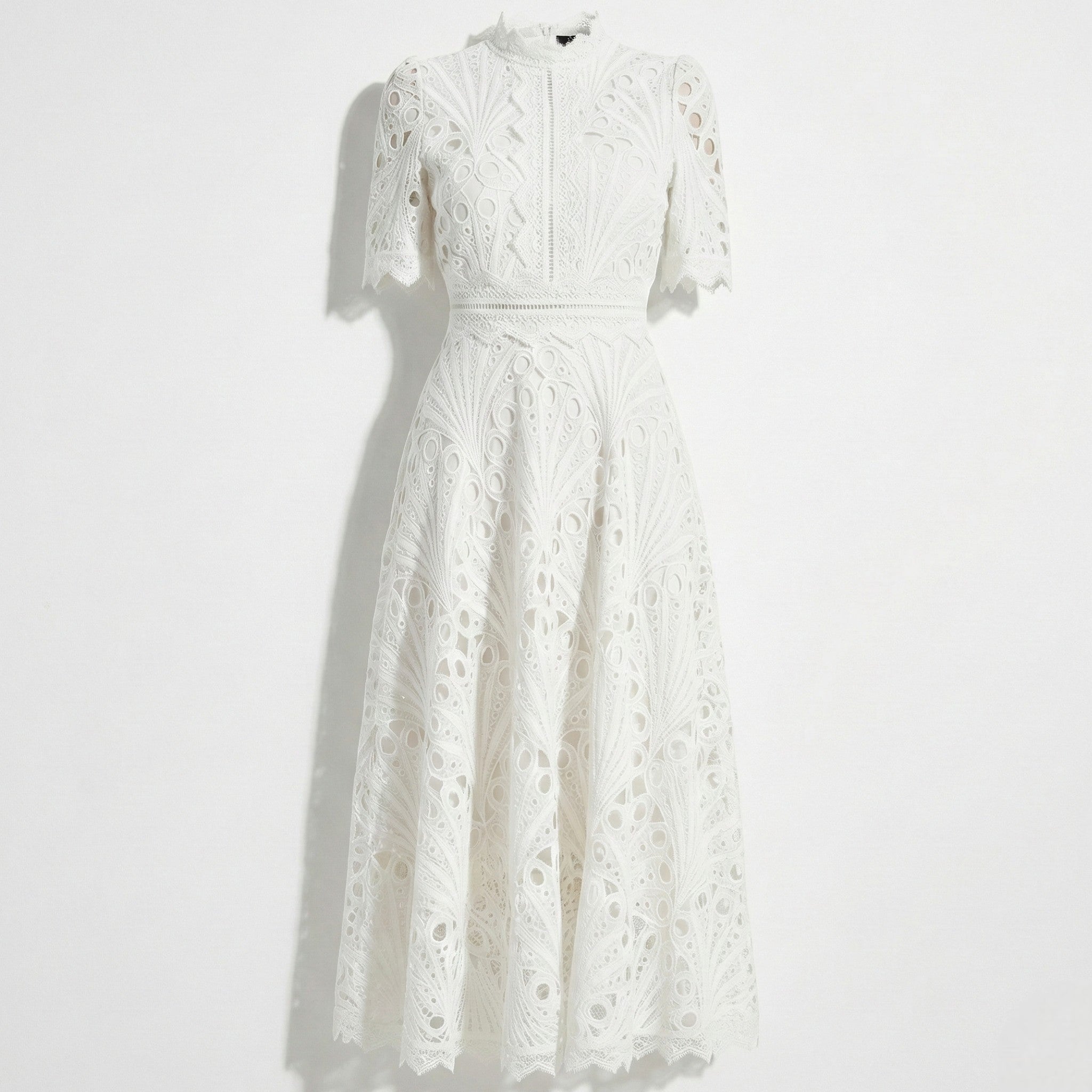 Lexi - Women's Lace Midi Dress with High Neck and Short Sleeves - Dresses - White - Jones & Smith