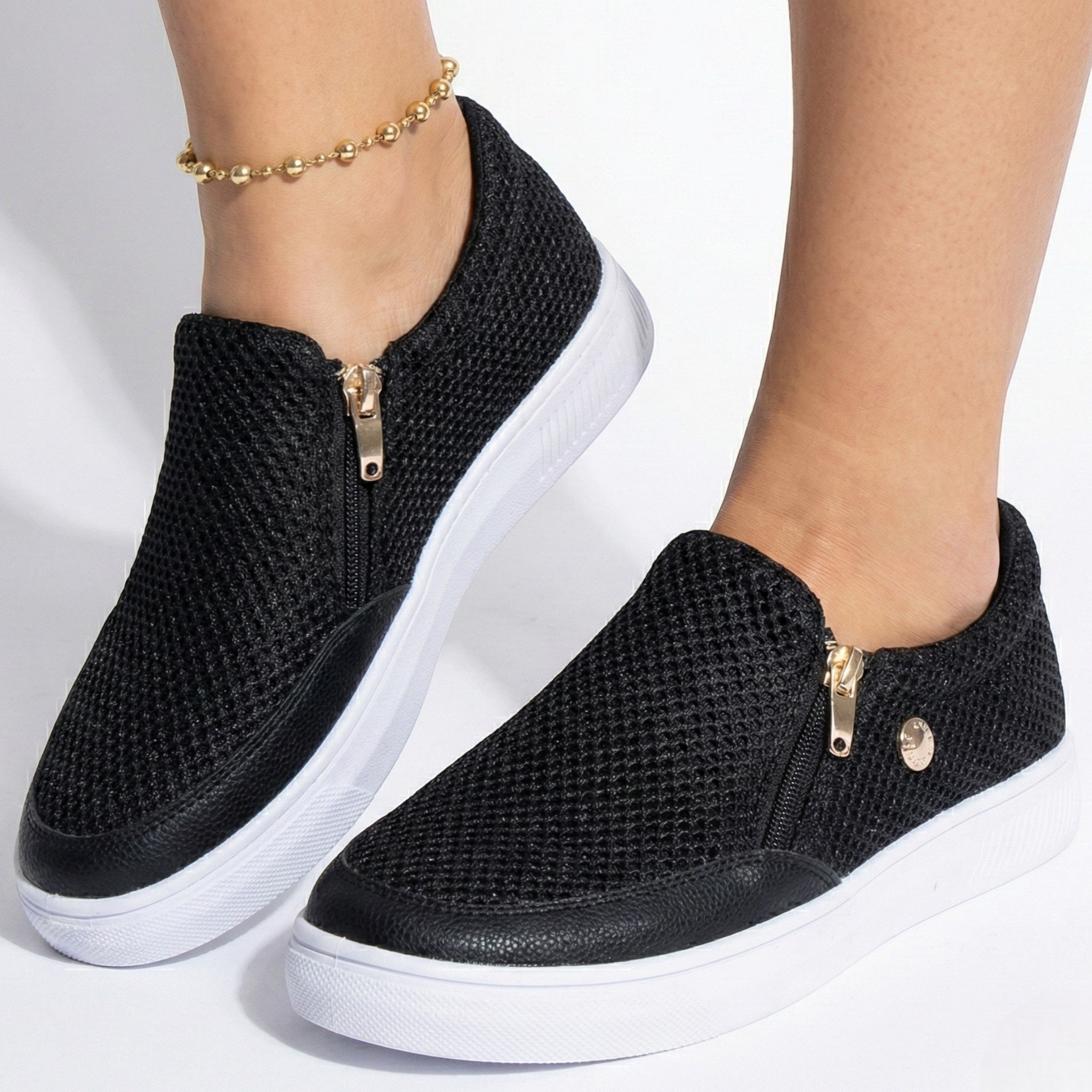 Liana - Women's Breathable Zip - Up Trainers with Textured Finish - Orthopedic shoes - Black - Jones & Smith