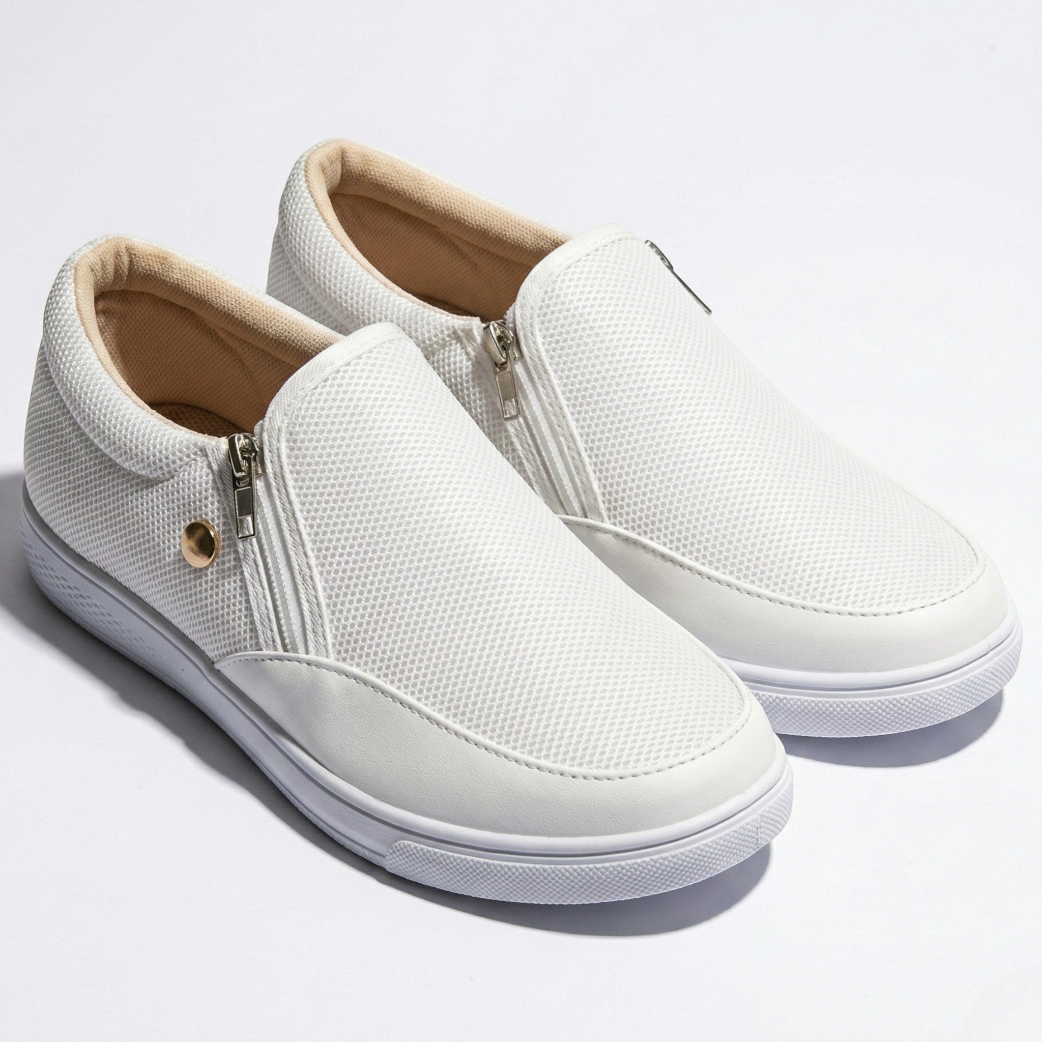 Liana - Women's Breathable Zip - Up Trainers with Textured Finish - Orthopedic shoes - White - Jones & Smith