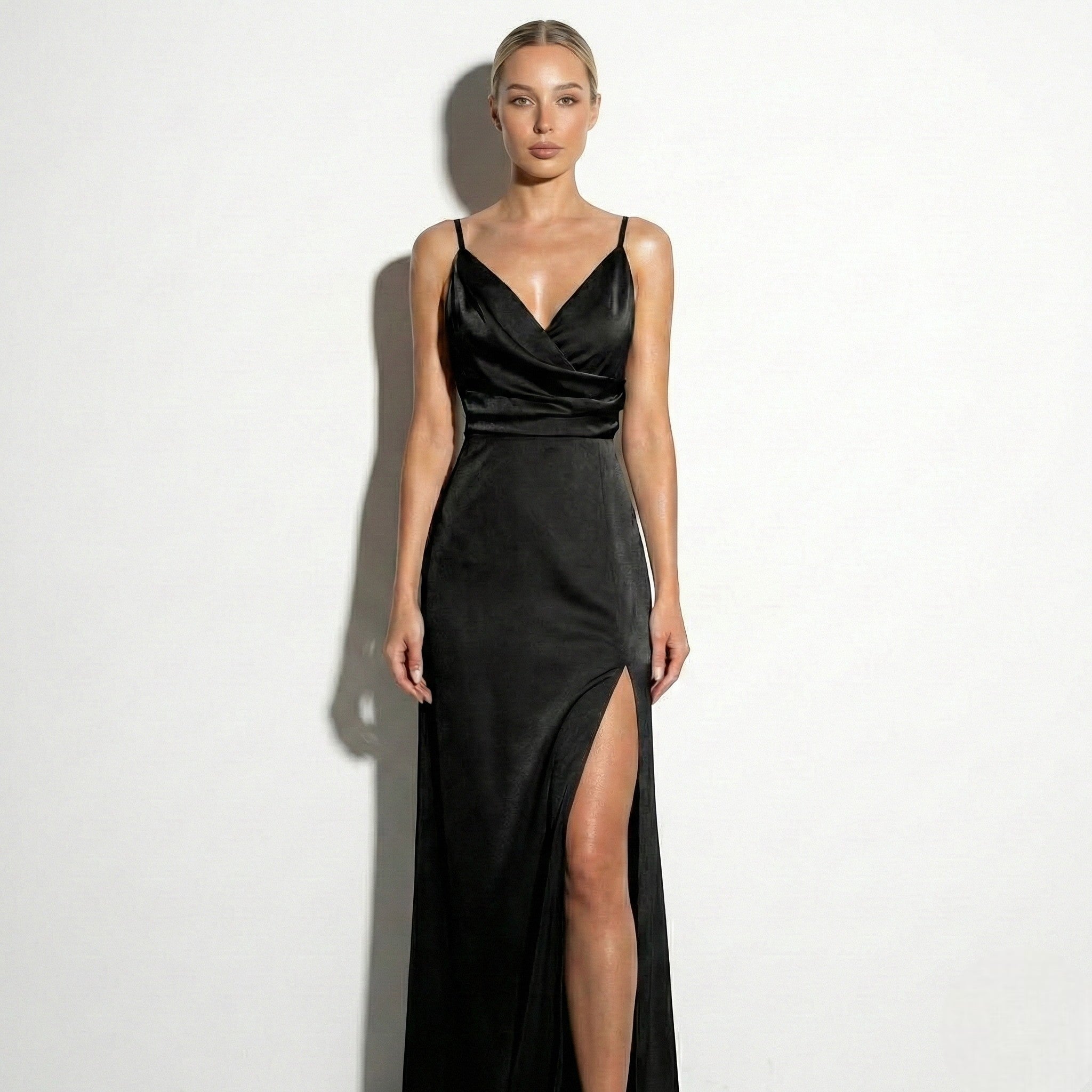 Lila - Women's Spaghetti Strap Wrap Maxi Dress with Side Slit - Dresses - Black - Jones & Smith