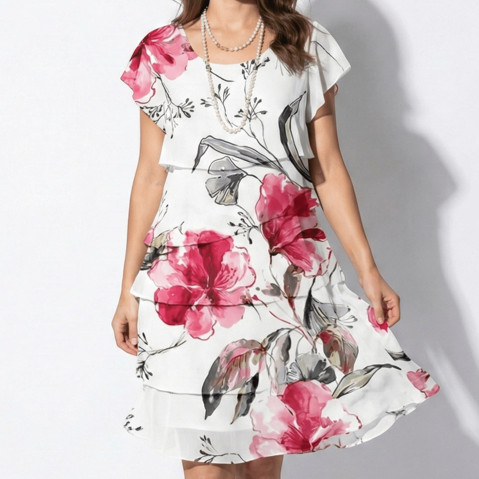 Lily - Women’s Floral Ruffle Midi Dress - Dress - White - Jones & Smith