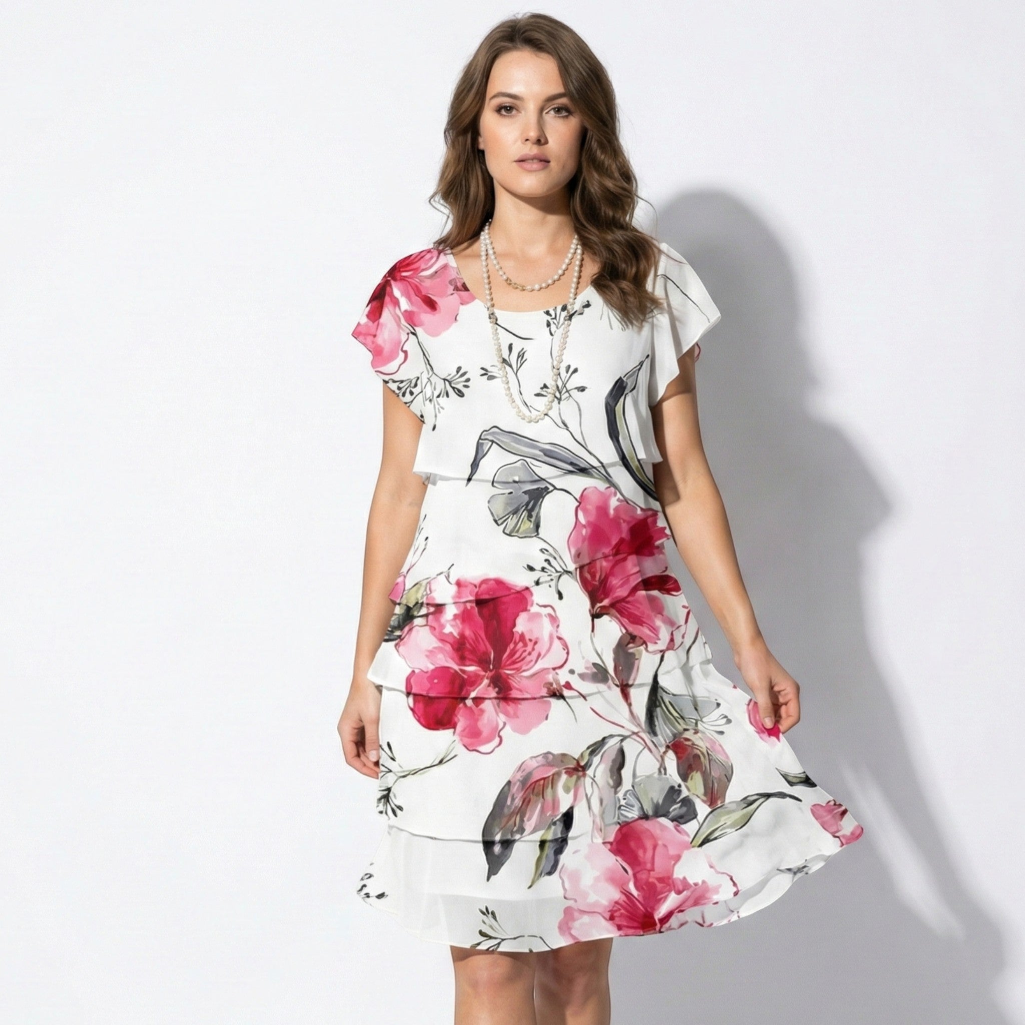 Lily - Women’s Floral Ruffle Midi Dress - Dress - White - Jones & Smith