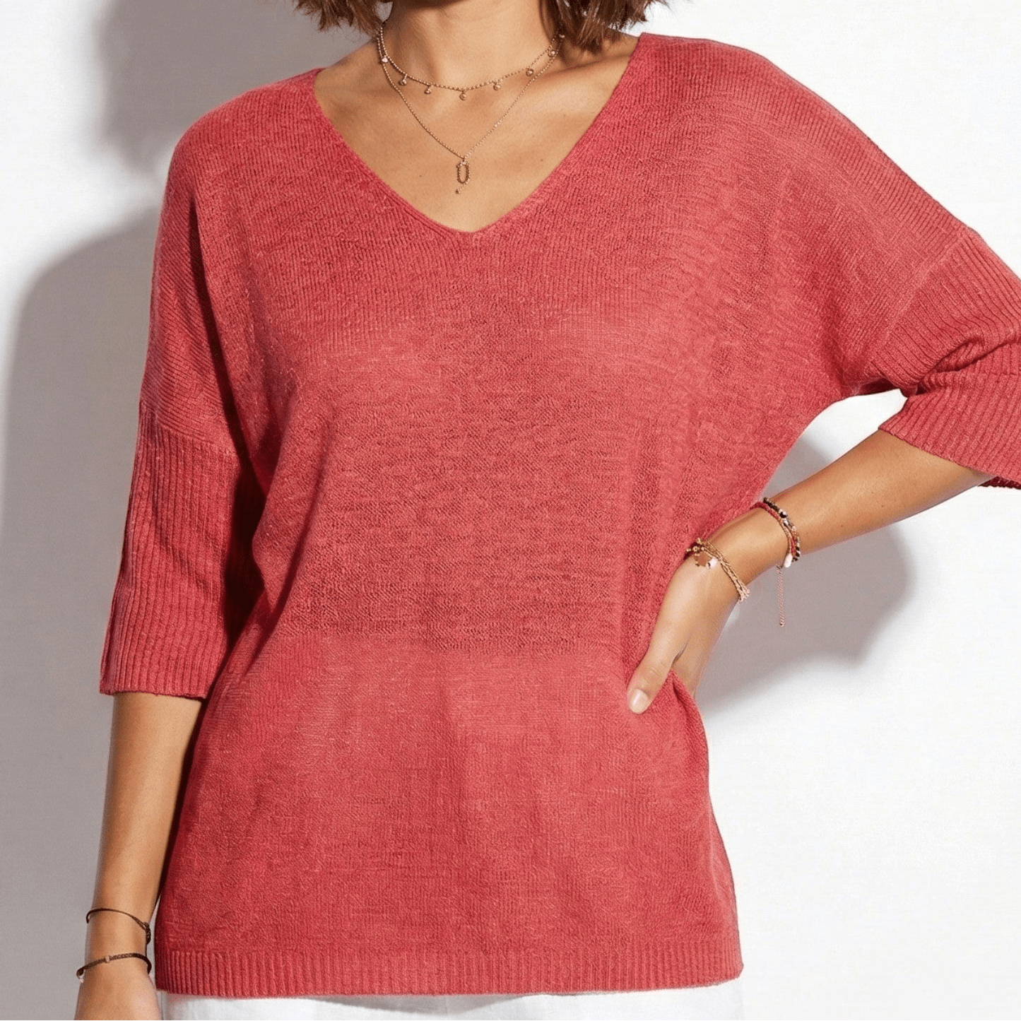 Lily - Women's Lightweight V - Neck Knitted Top with Relaxed Fit - Women Sweaters - Red - Jones & Smith