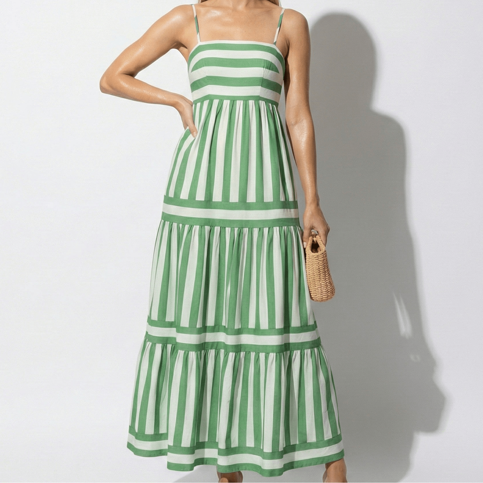 Lily - Women's Striped Tiered Maxi Dress with Spaghetti Straps - Dresses - Green - Jones & Smith