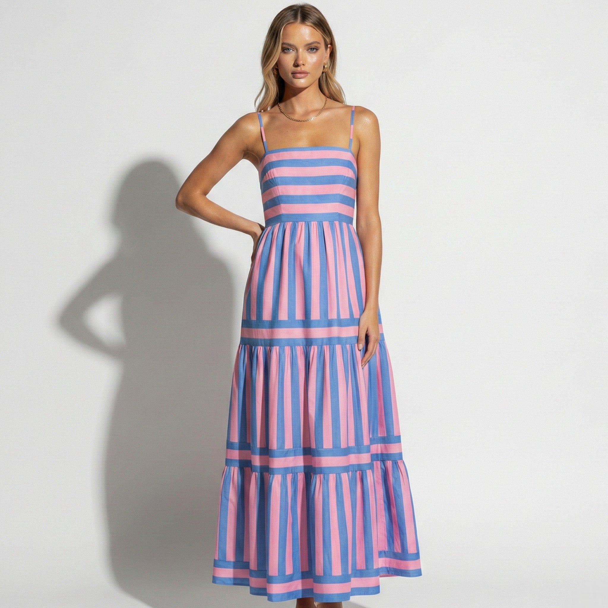 Lily - Women's Striped Tiered Maxi Dress with Spaghetti Straps - Dresses - Green - Jones & Smith