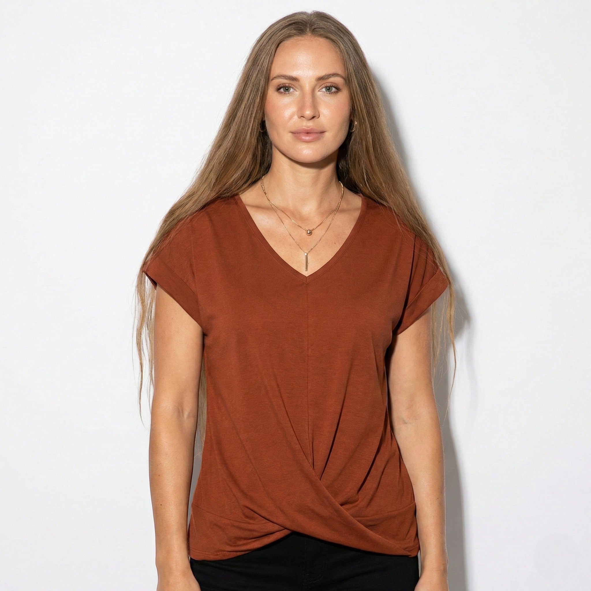 Lily - Women's V - Neck T-Shirt with Twisted Hem - Blouses - Red - Jones & Smith