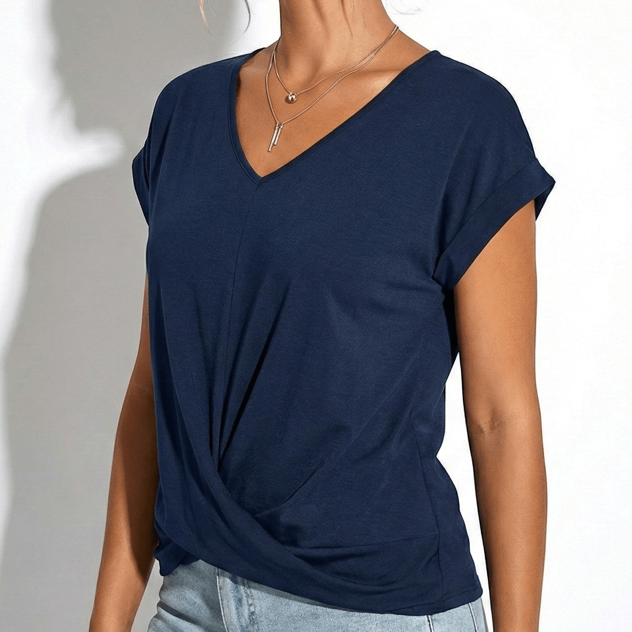 Lily - Women's V - Neck T-Shirt with Twisted Hem - Blouses - Blue - Jones & Smith
