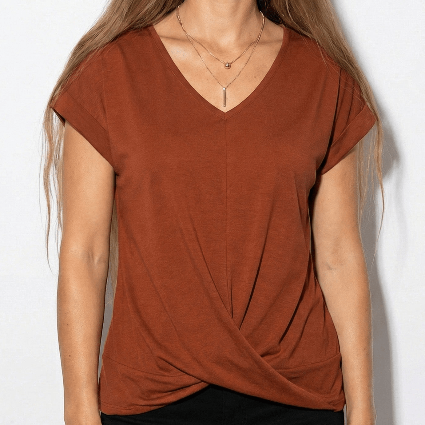 Lily - Women's V - Neck T-Shirt with Twisted Hem - Blouses - Red - Jones & Smith