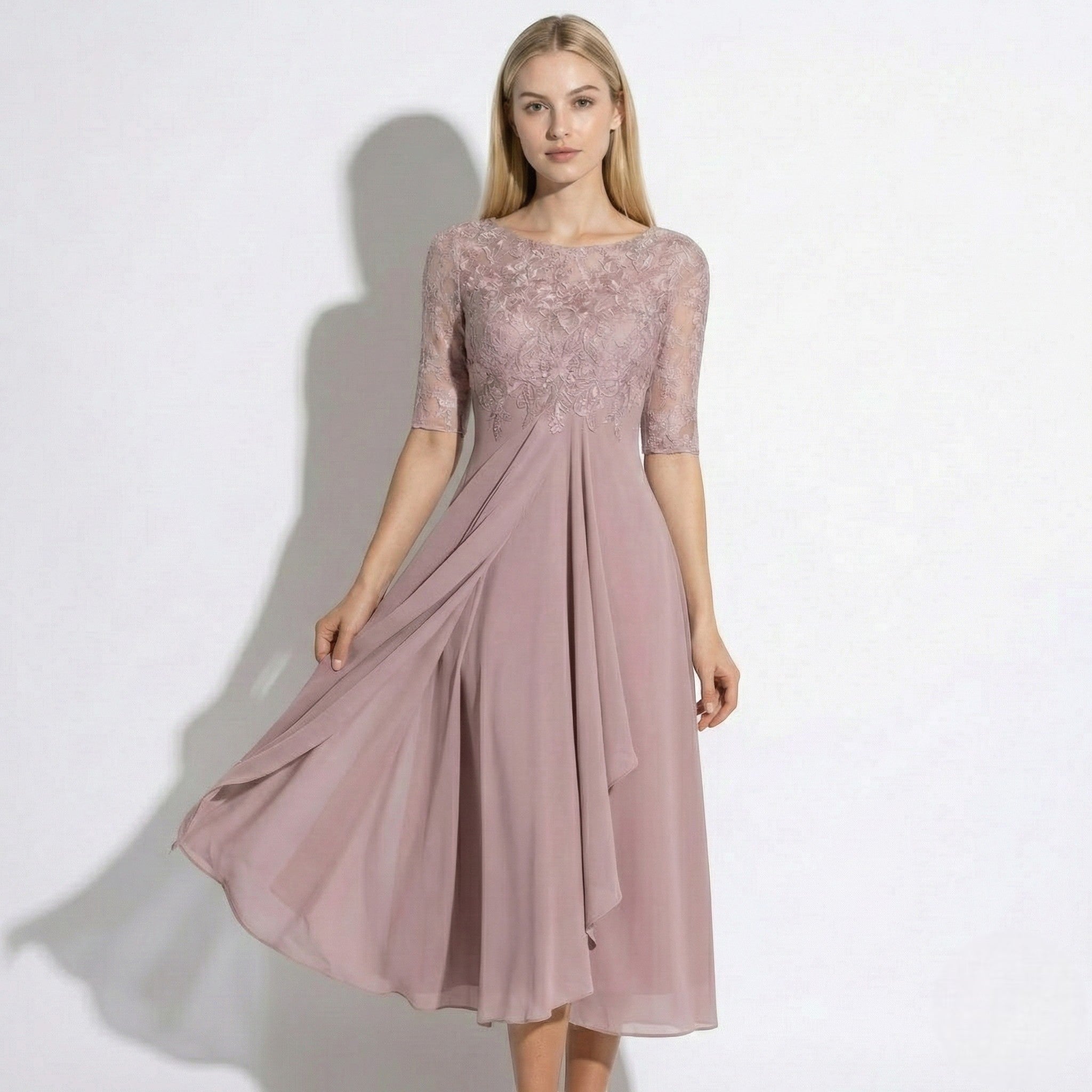 Louisa - Women's Lace and Chiffon Midi Dress - Dress - Pink - Jones & Smith