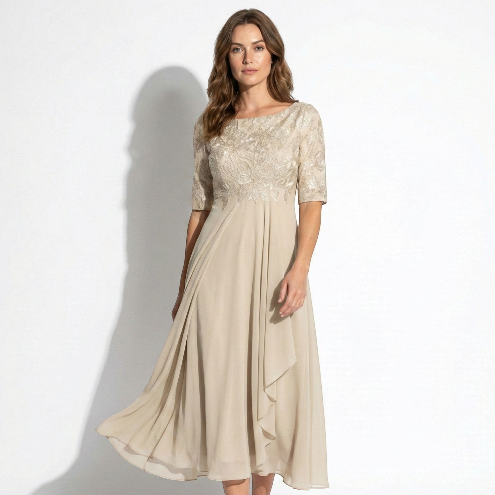 Louisa - Women's Lace and Chiffon Midi Dress - Dress - Light Yellow - Jones & Smith