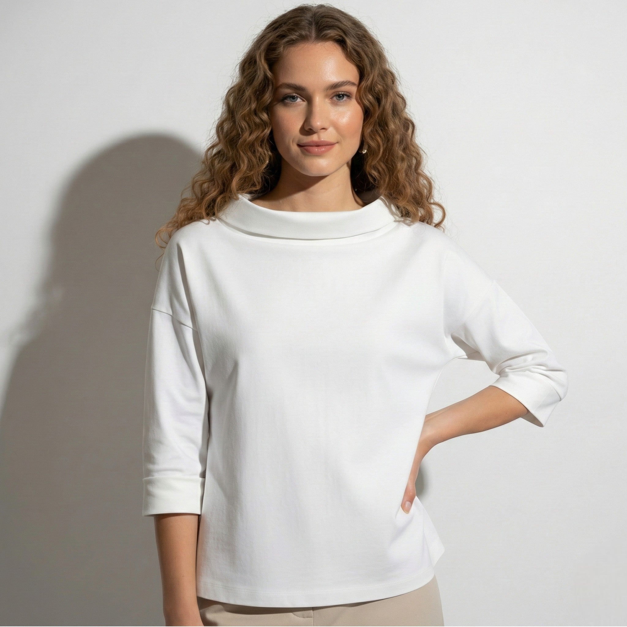 Louise - Women’s Boat Neck Top with Rolled Collar - Women Top - White - Jones & Smith