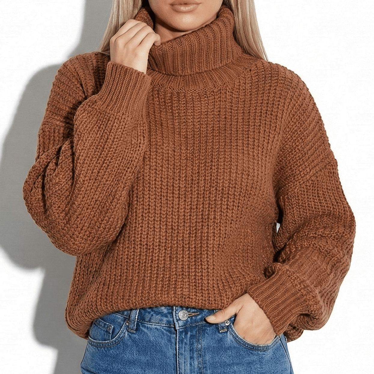 Maelle – Women’s Wool Turtleneck Jumper in Chunky Knit - Sweater - Brown - Jones & Smith