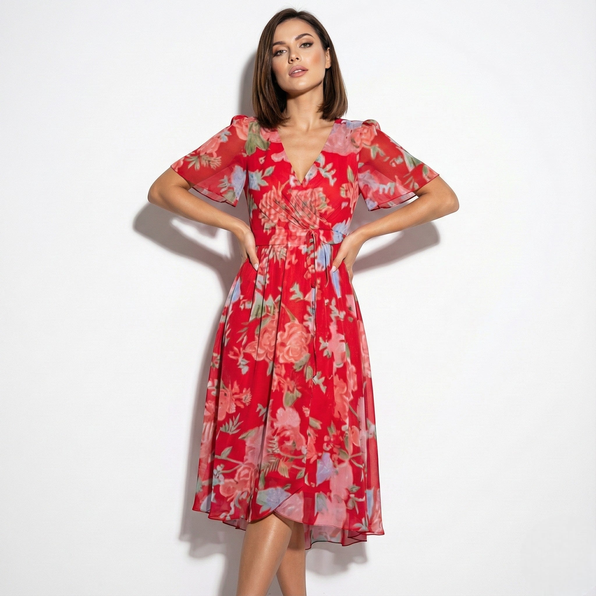 Maisie - Women's Floral Midi Dress - Dresses - Red - Jones & Smith
