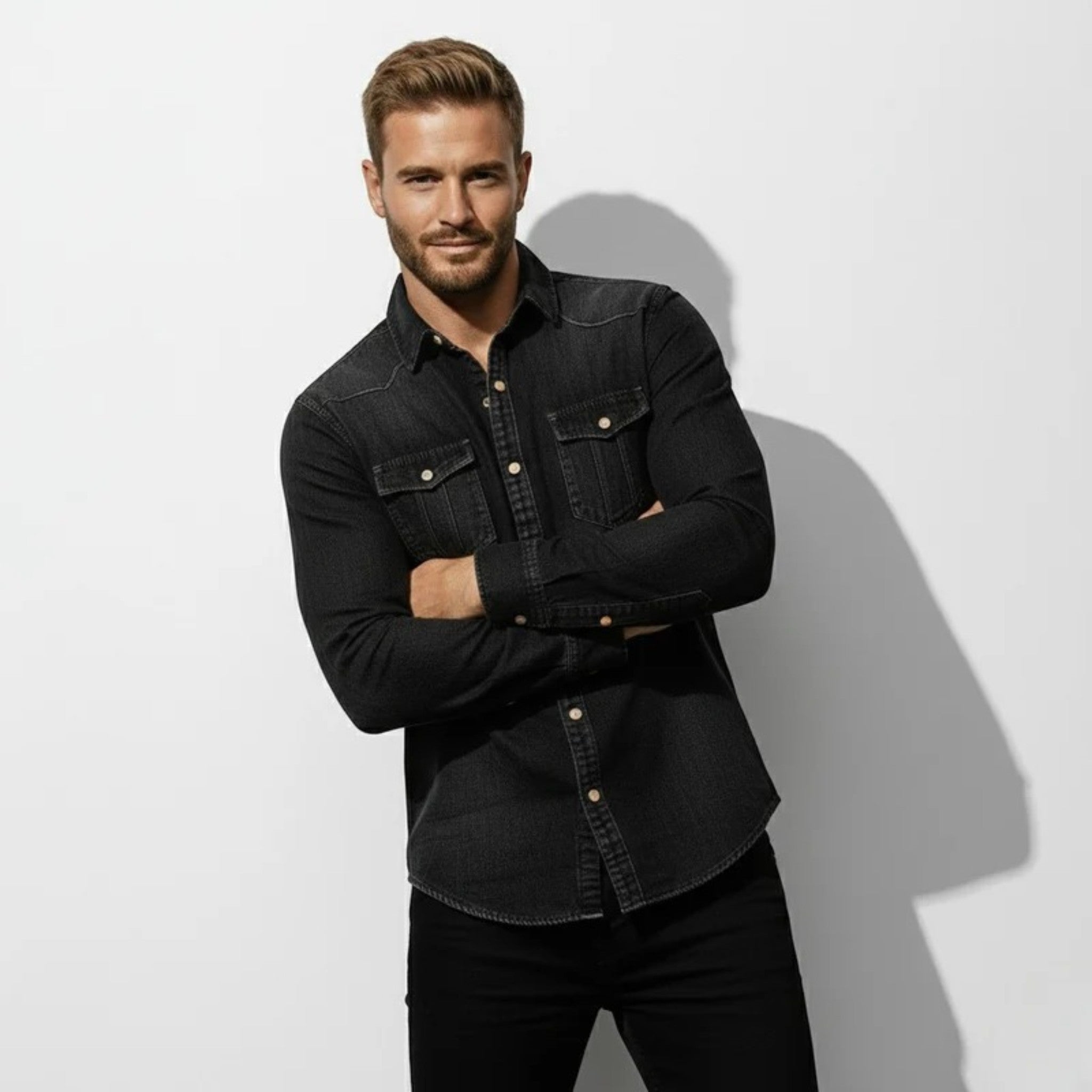 Matteo – Men’s Cotton Chest Pocket Denim Shirt - Long Sleeve Polo Shirt - Black - Jones & Smith