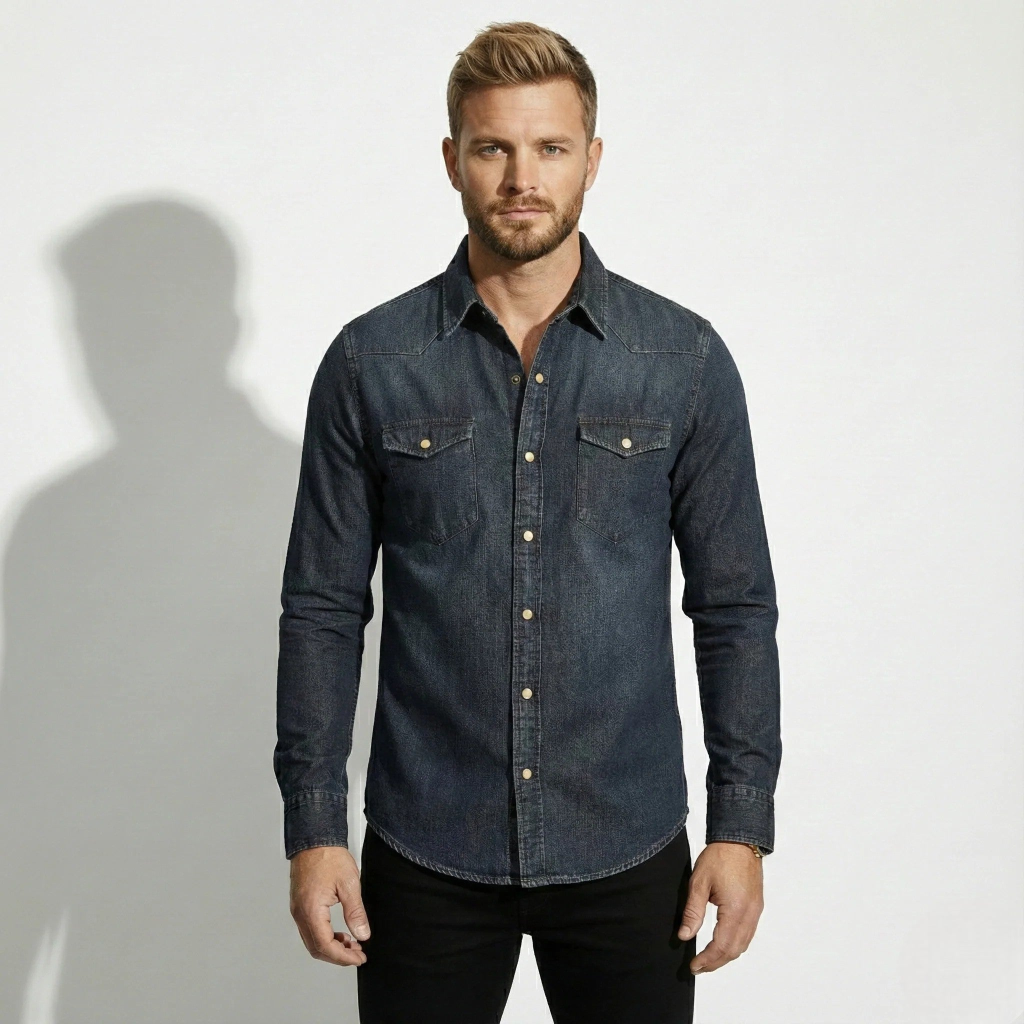 Matteo – Men’s Cotton Chest Pocket Denim Shirt - Long Sleeve Polo Shirt - Dark Blue - Jones & Smith