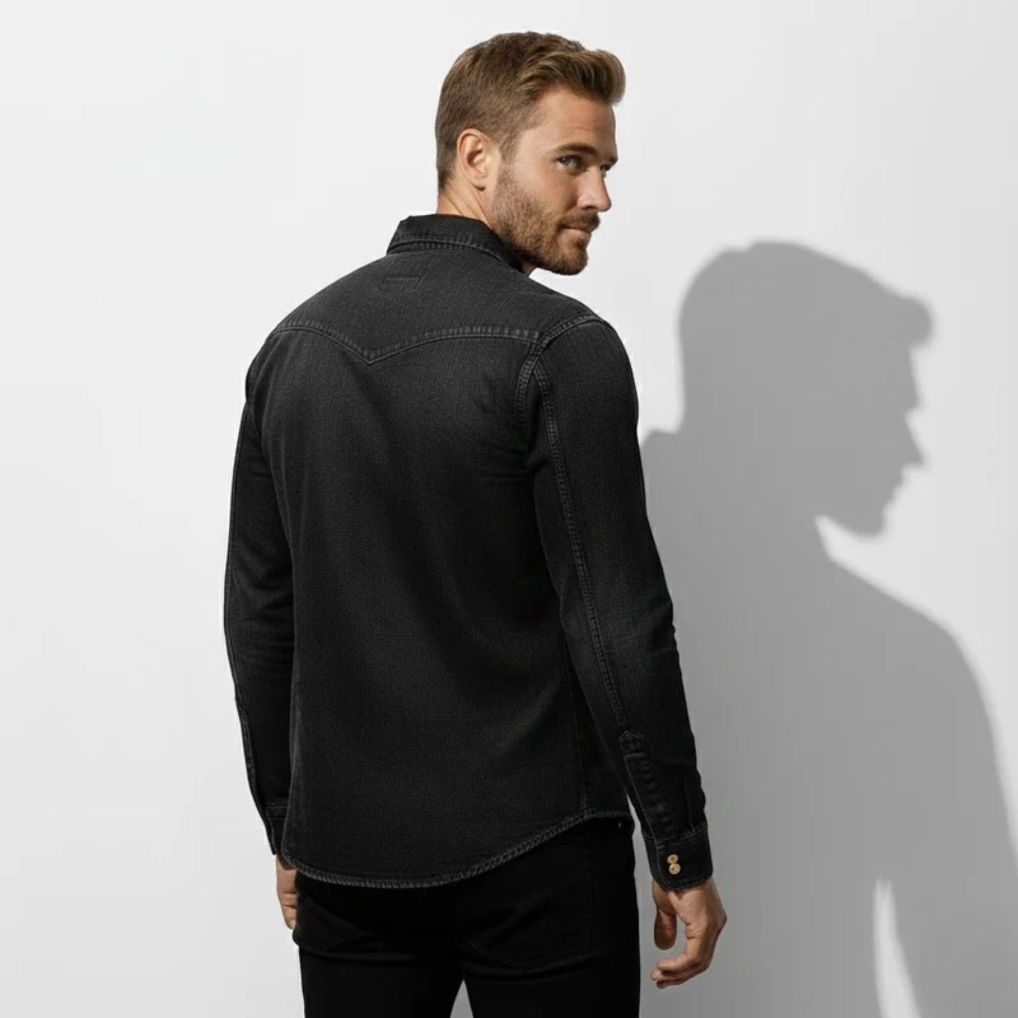 Matteo – Men’s Cotton Chest Pocket Denim Shirt - Long Sleeve Polo Shirt - Black - Jones & Smith