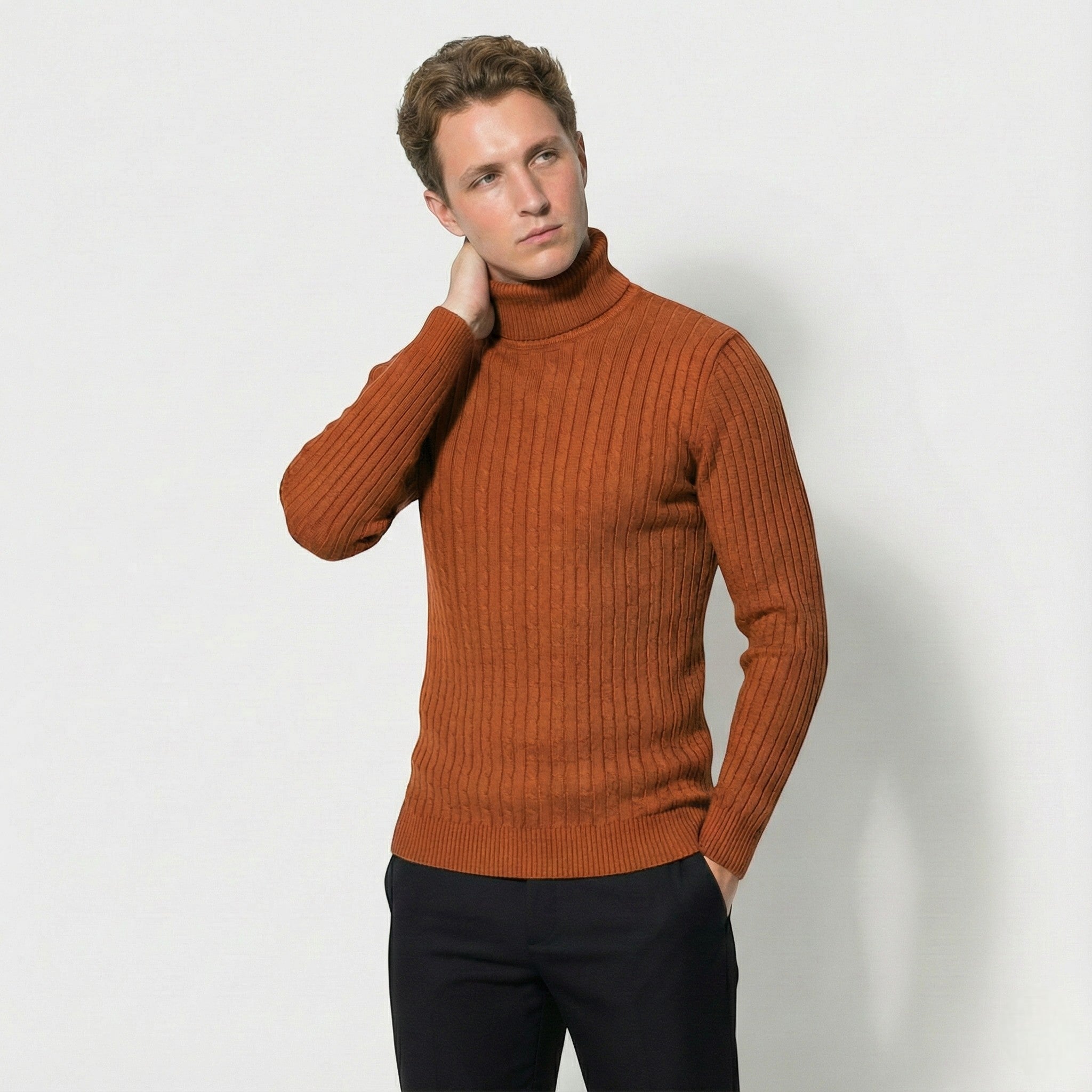 Men's Cable Knit Turtleneck Sweater Made of Wool - Sweaters - Brown - Jones & Smith