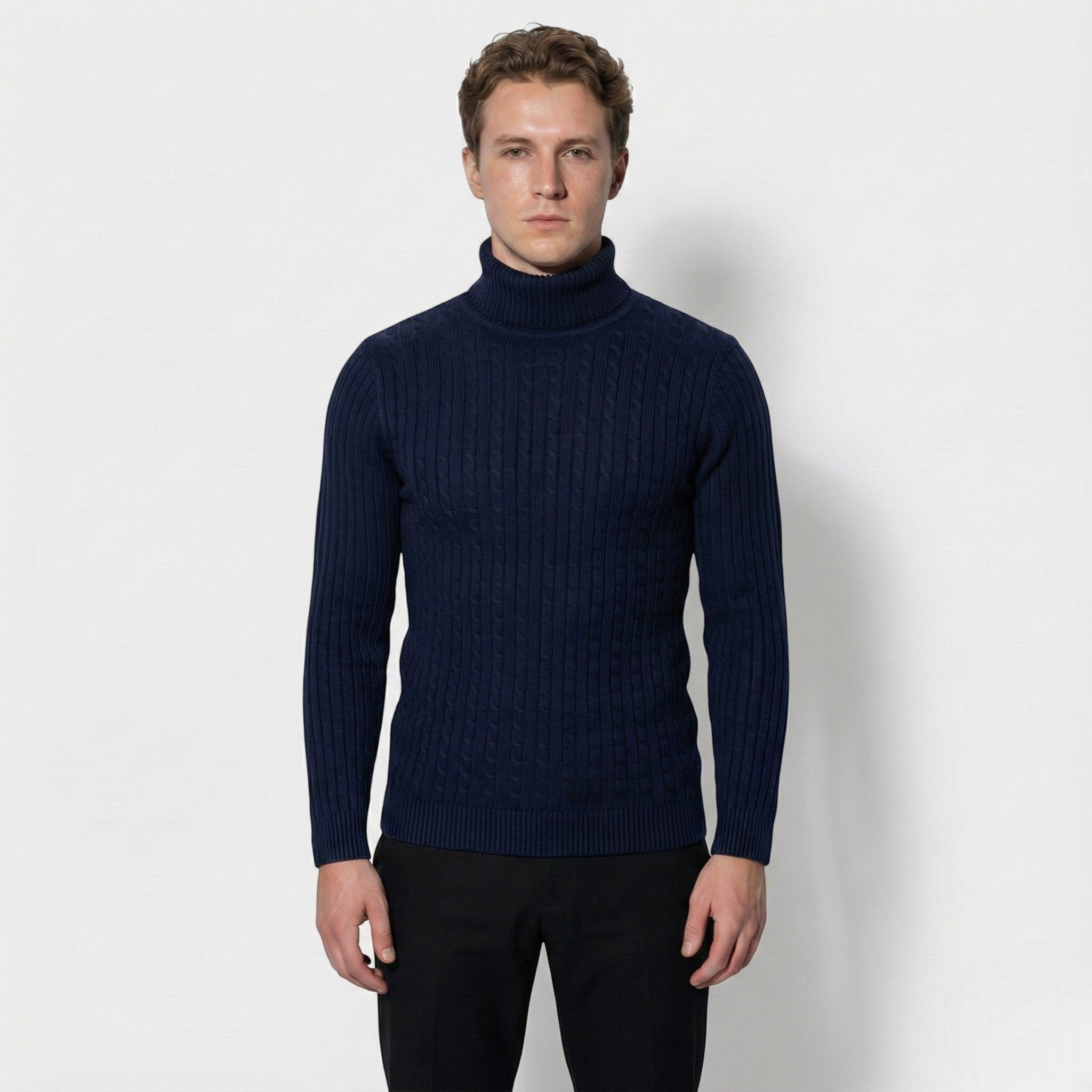 Men's Cable Knit Turtleneck Sweater Made of Wool - Sweaters - Navy Blue - Jones & Smith