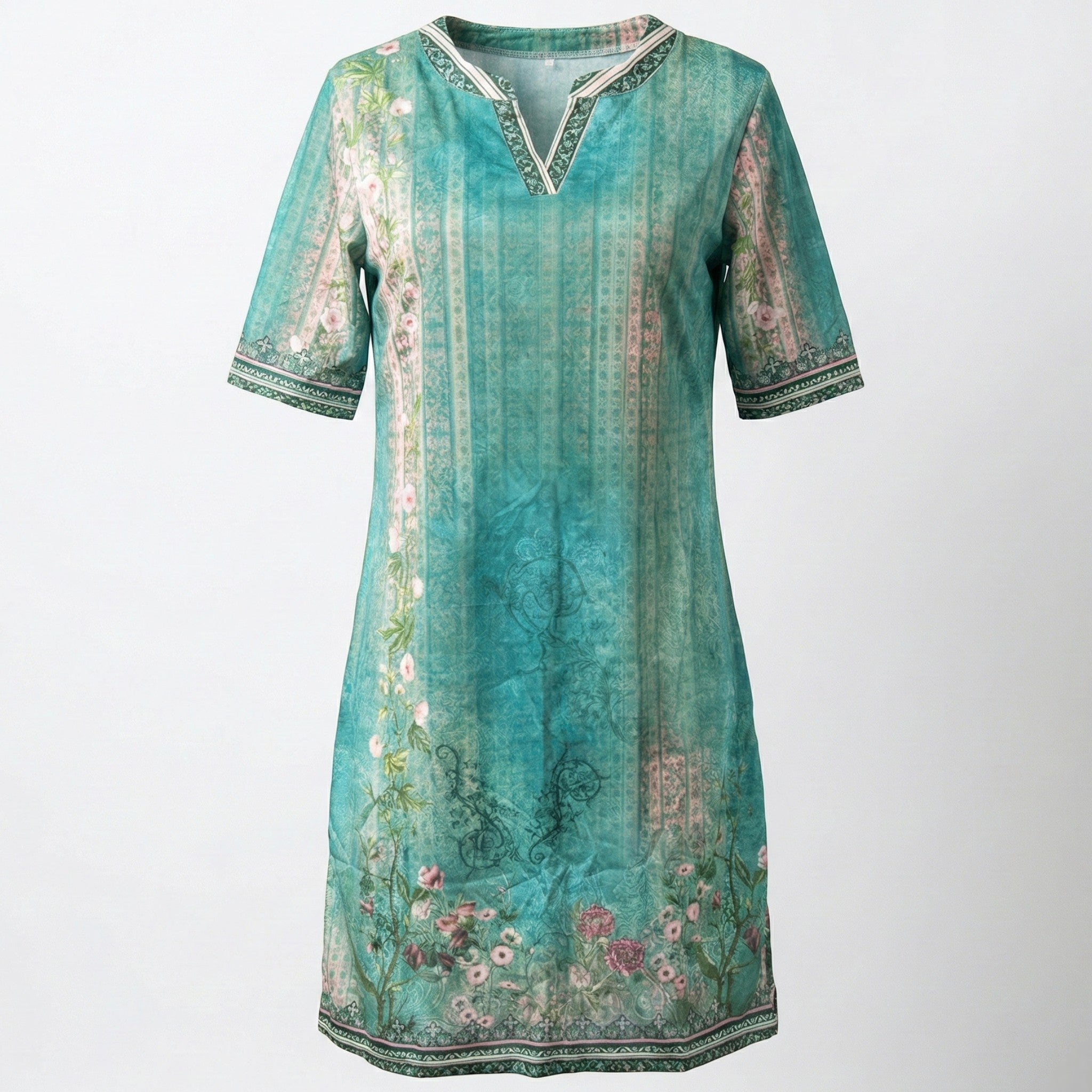 Mia - Women's Floral Midi Dress with V - Neck and Short Sleeves - Dress - Green - Jones & Smith