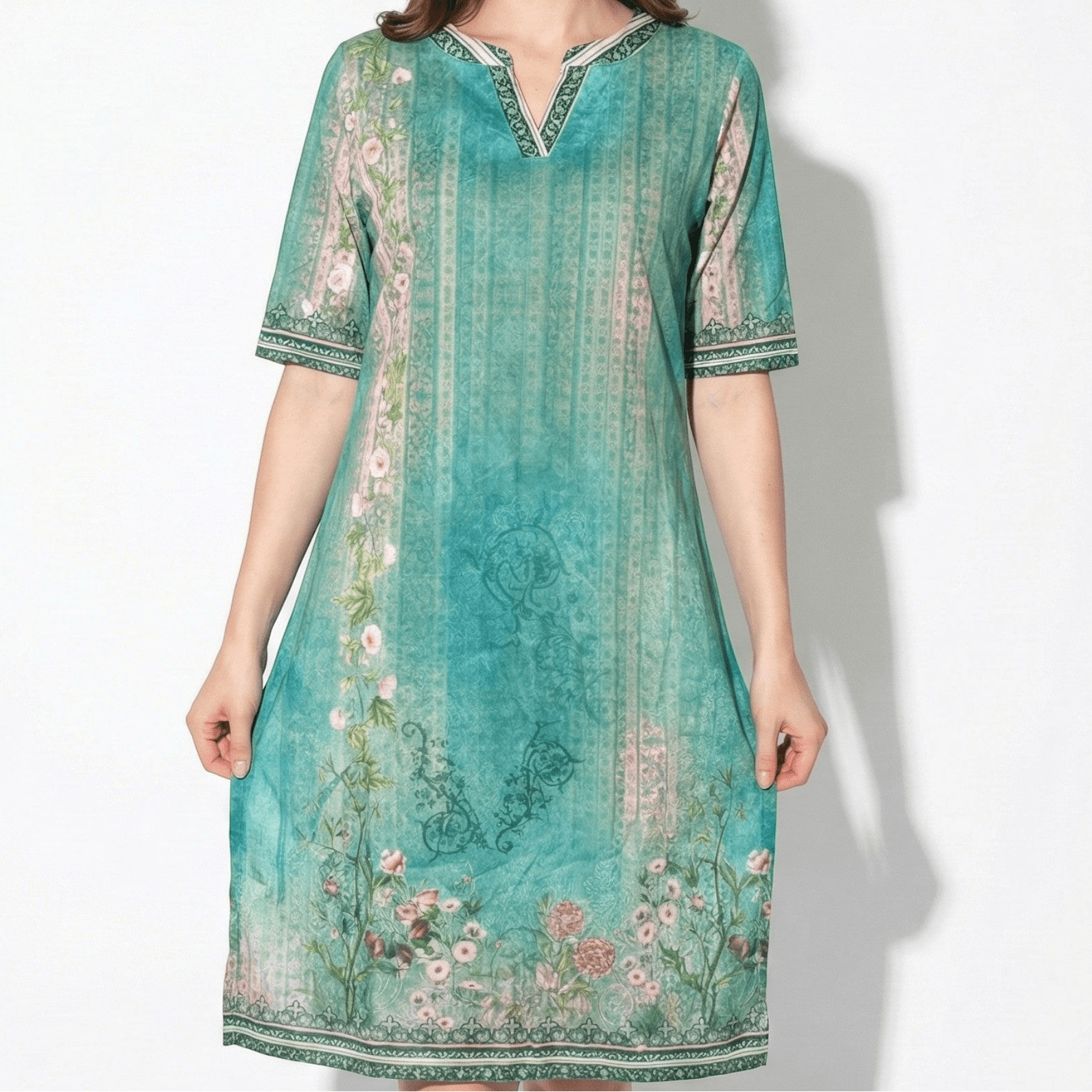Mia - Women's Floral Midi Dress with V - Neck and Short Sleeves - Dress - Green - Jones & Smith
