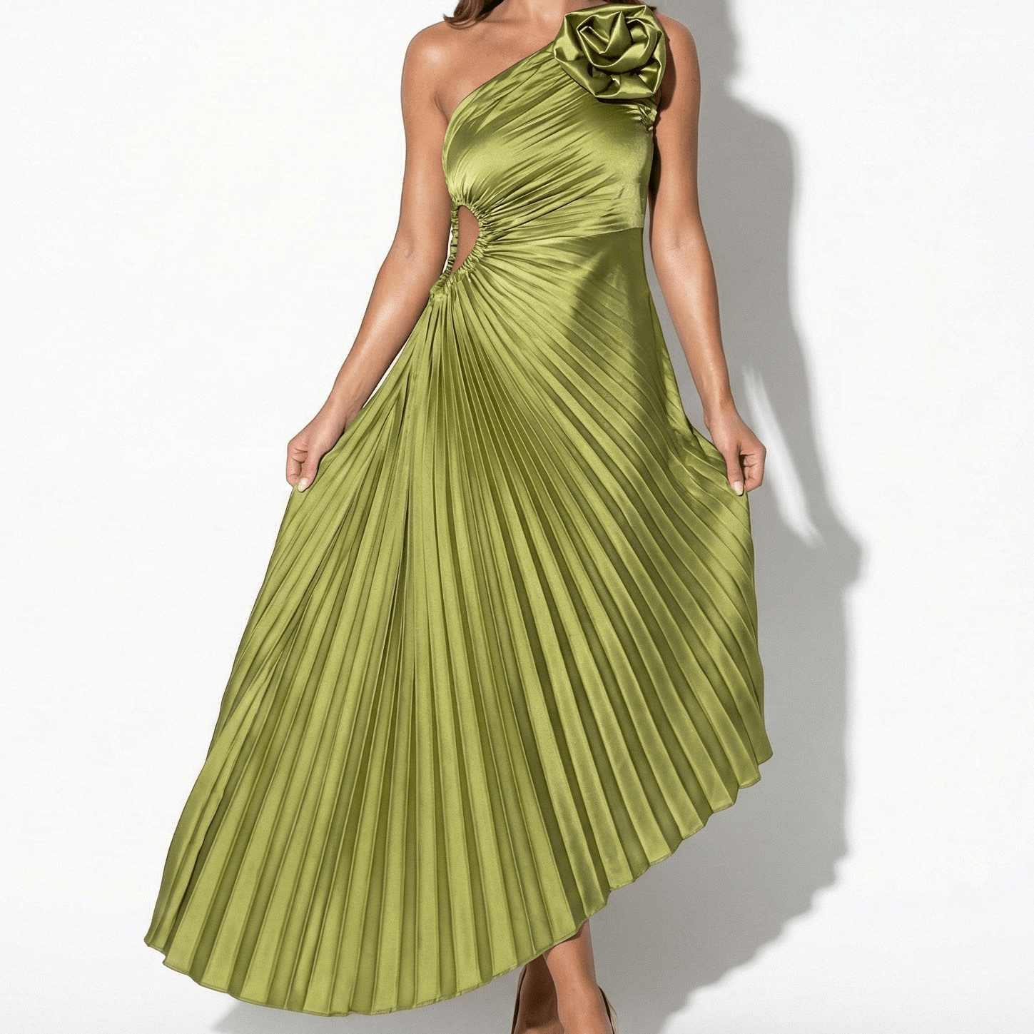 Millie - Women's One - Shoulder Pleated Dress with Rosette Detail - Dresses - Green - Jones & Smith