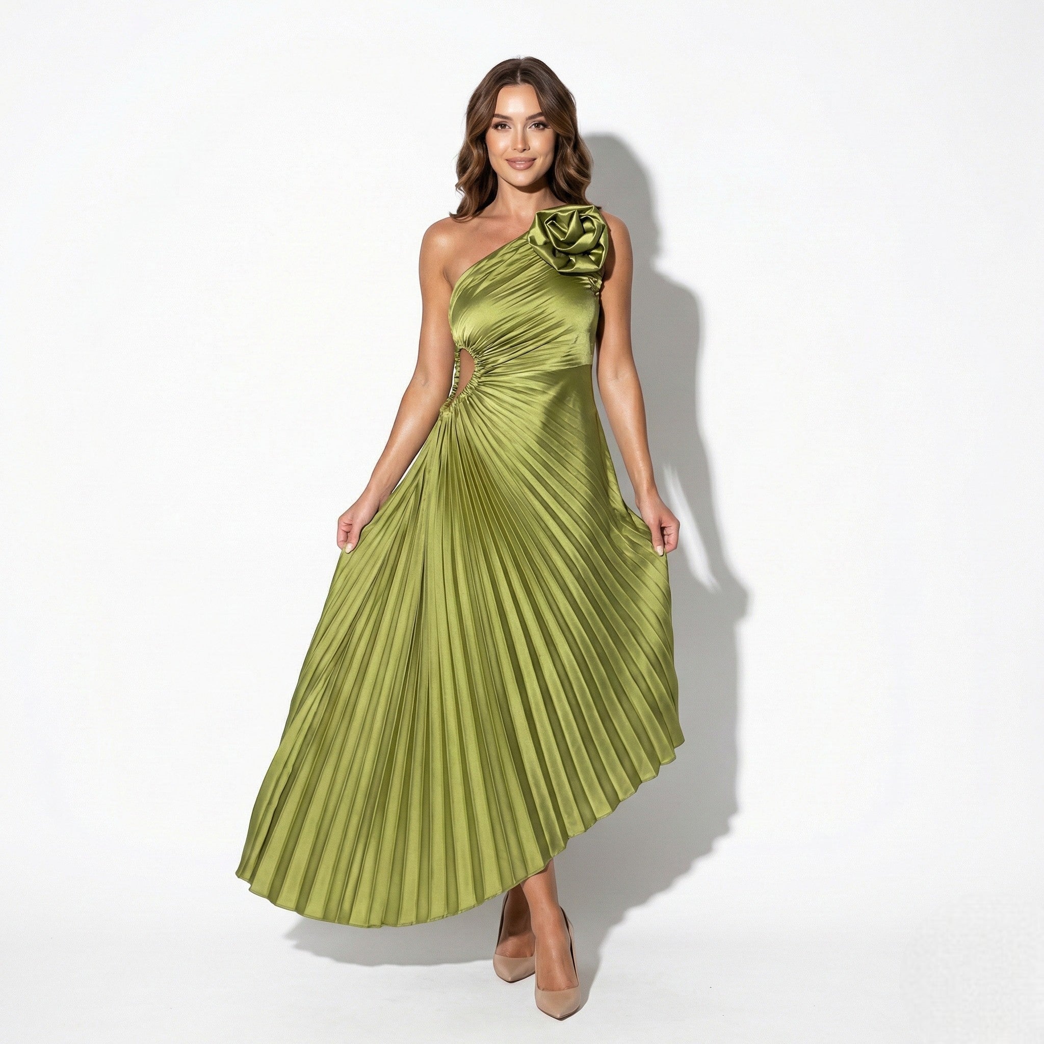 Millie - Women's One - Shoulder Pleated Dress with Rosette Detail - Dresses - Green - Jones & Smith