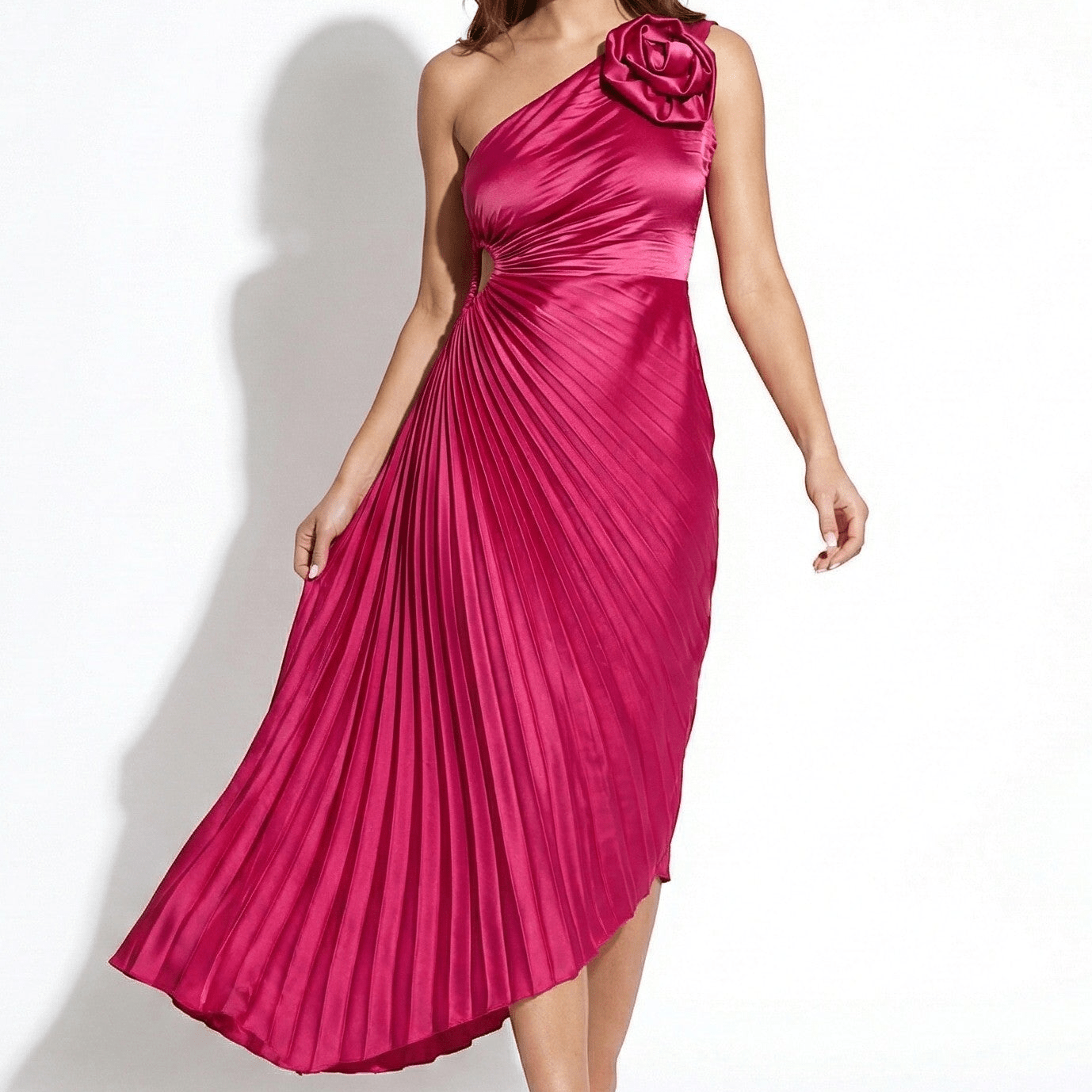 Millie - Women's One - Shoulder Pleated Dress with Rosette Detail - Dresses - Red - Jones & Smith