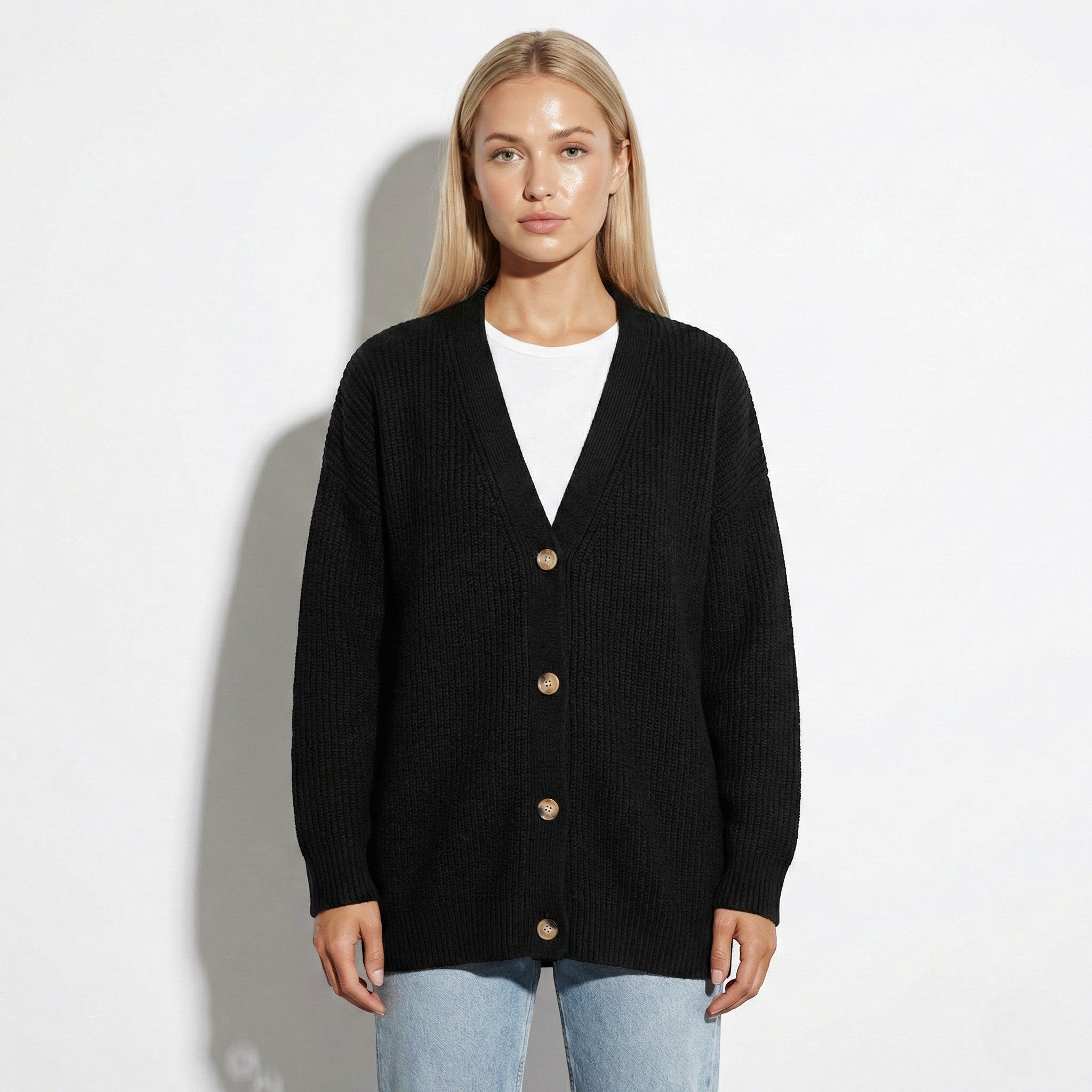 Millie - Women's Oversized Knit Cardigan with Button Closure - Cardigans - Black - Jones & Smith