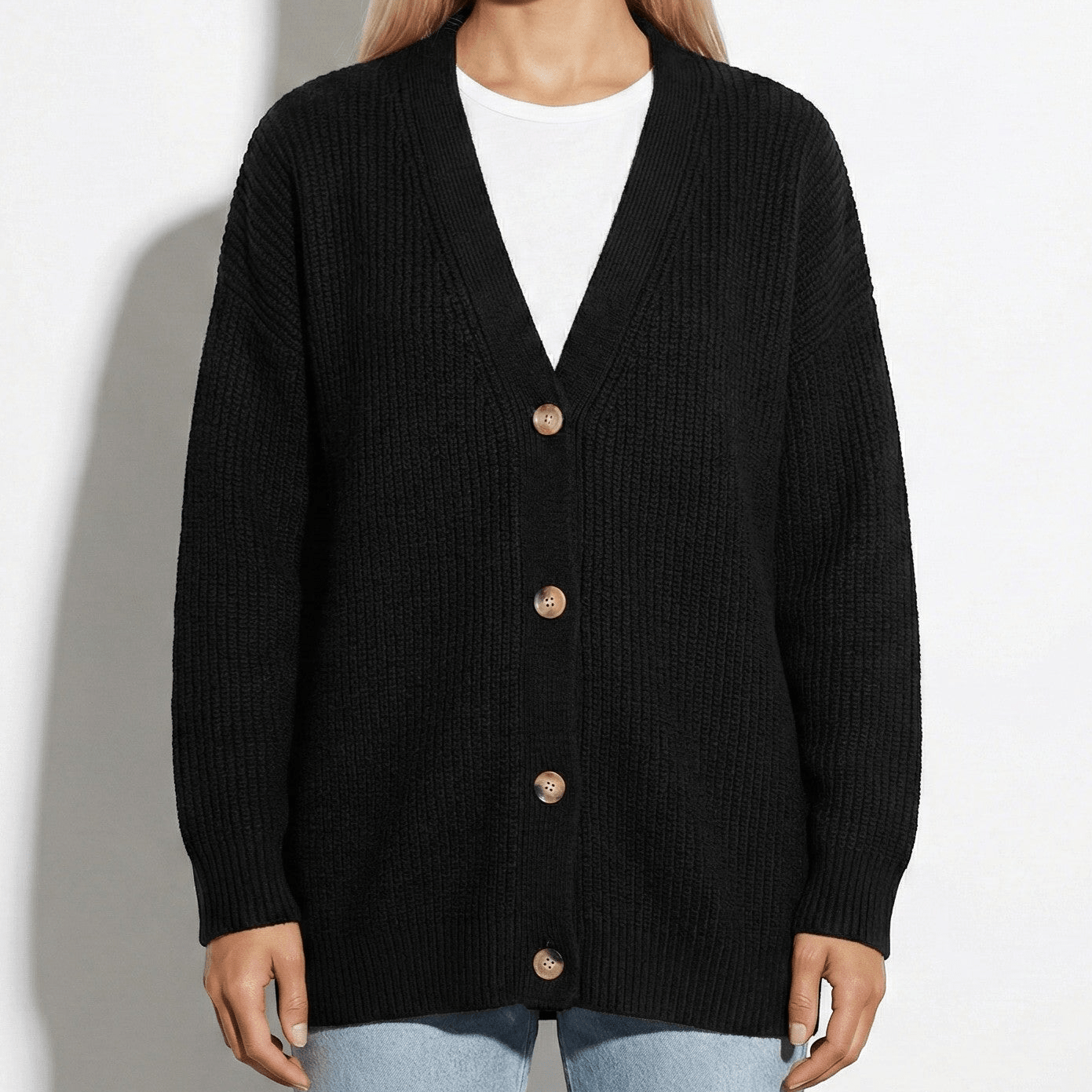 Millie - Women's Oversized Knit Cardigan with Button Closure - Cardigans - Black - Jones & Smith