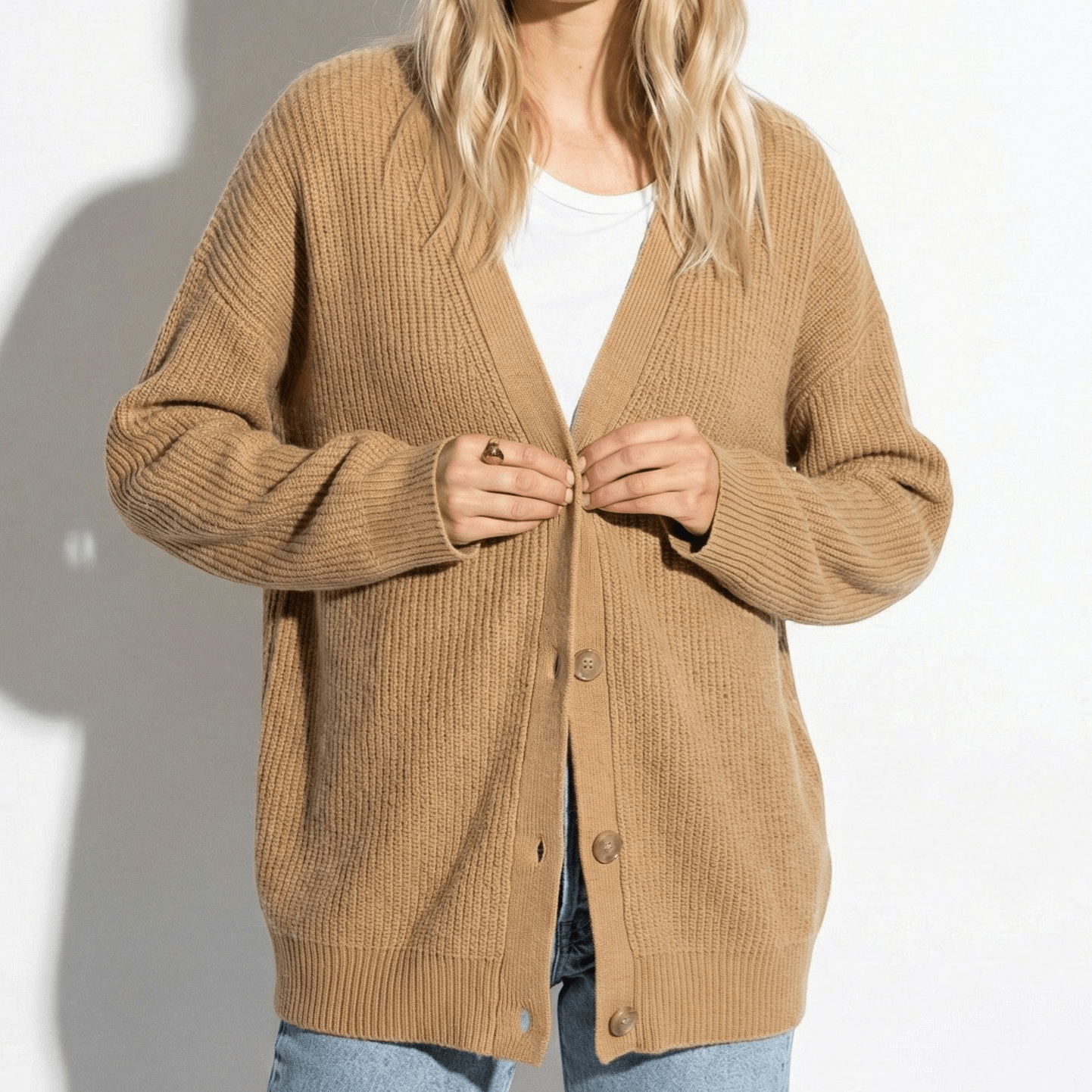 Millie - Women's Oversized Knit Cardigan with Button Closure - Cardigans - Camel - Jones & Smith