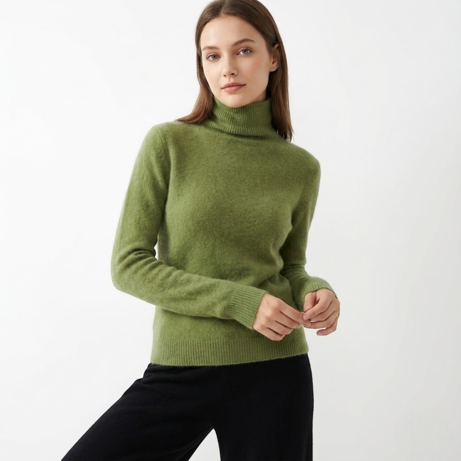 Mira – Women's Wool Roll Neck Jumper - Sweater - Olive Green - Jones & Smith