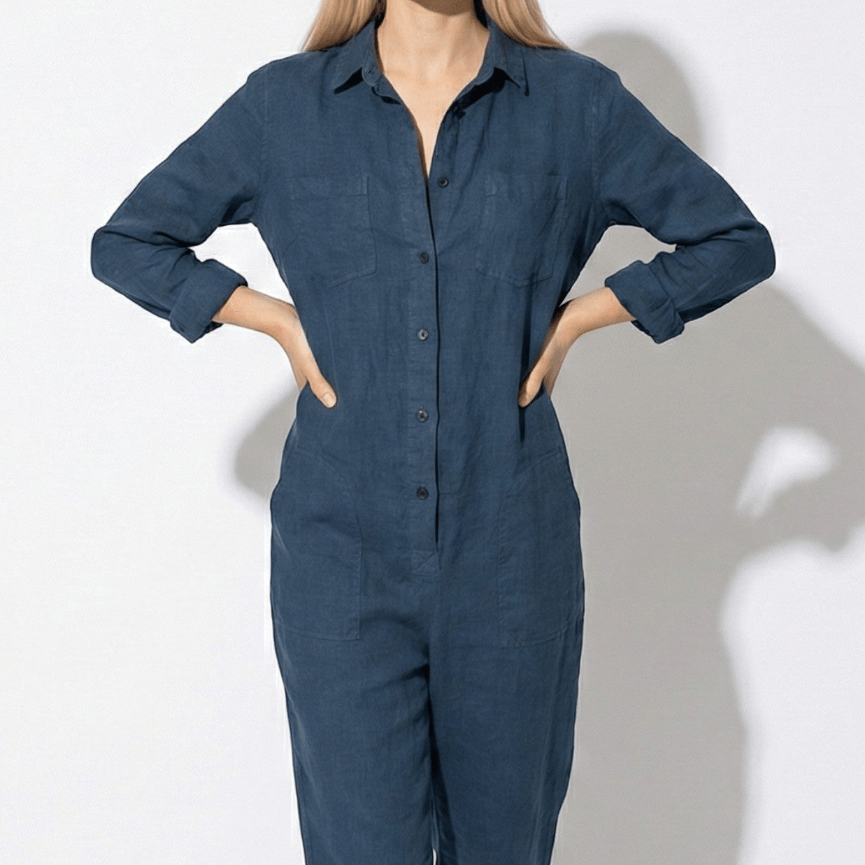 Monica - Women's Long Sleeve Casual Jumpsuit with Button Front - Jumpsuit - Blue - Jones & Smith
