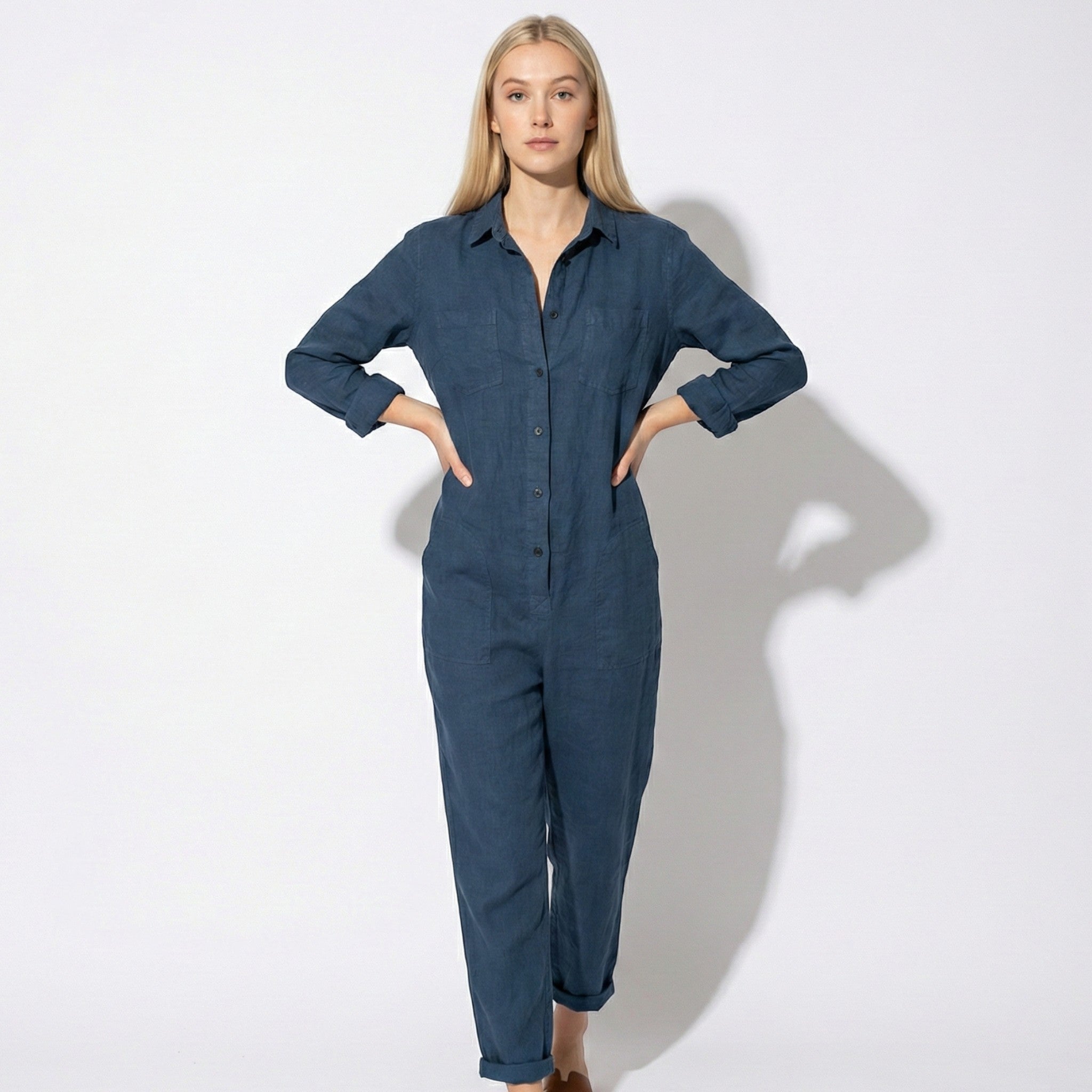 Monica - Women's Long Sleeve Casual Jumpsuit with Button Front - Jumpsuit - Blue - Jones & Smith