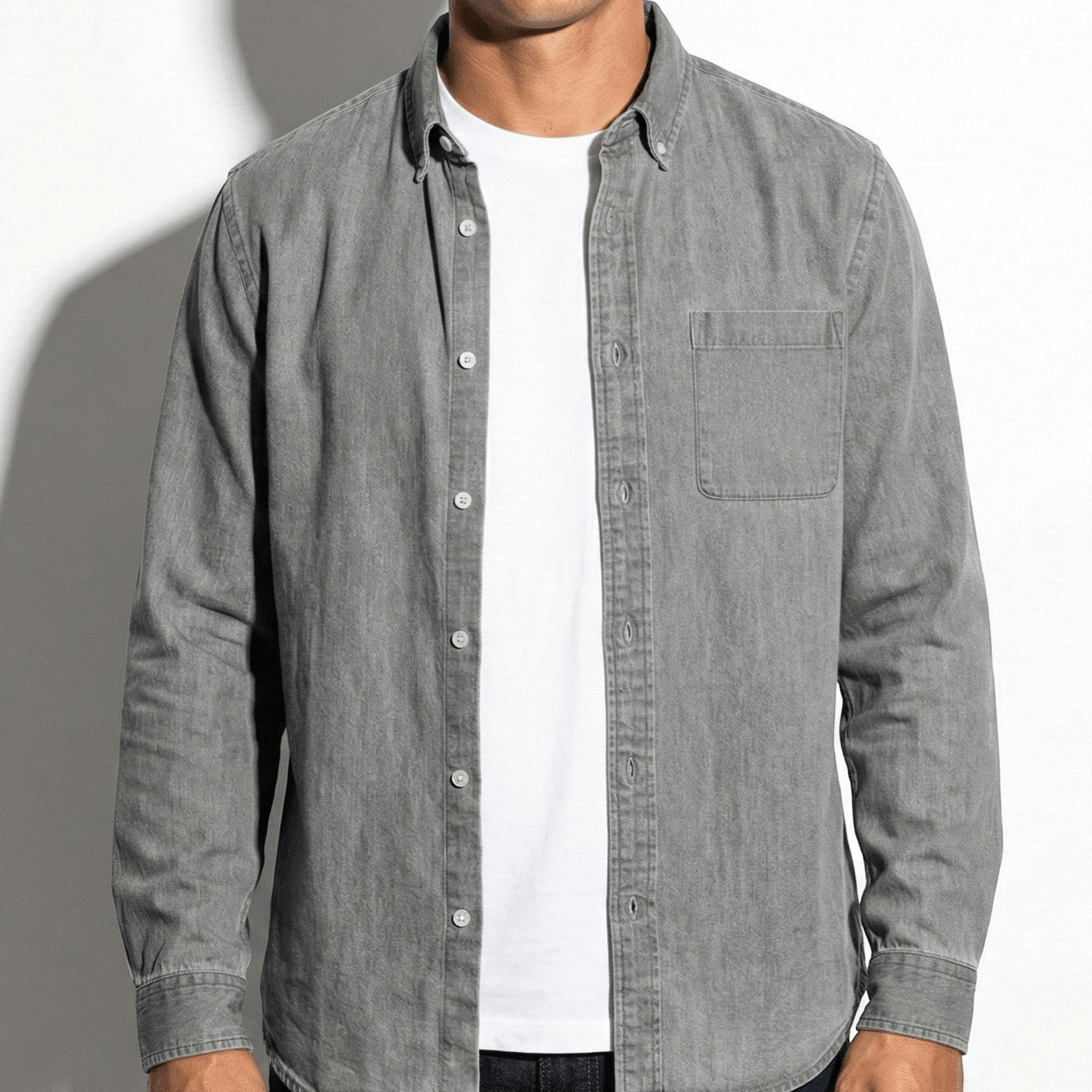 Noah - Men's Relaxed Long Sleeve Shirt with Notched Collar - Long Sleeve Polo Shirt - Grey - Jones & Smith