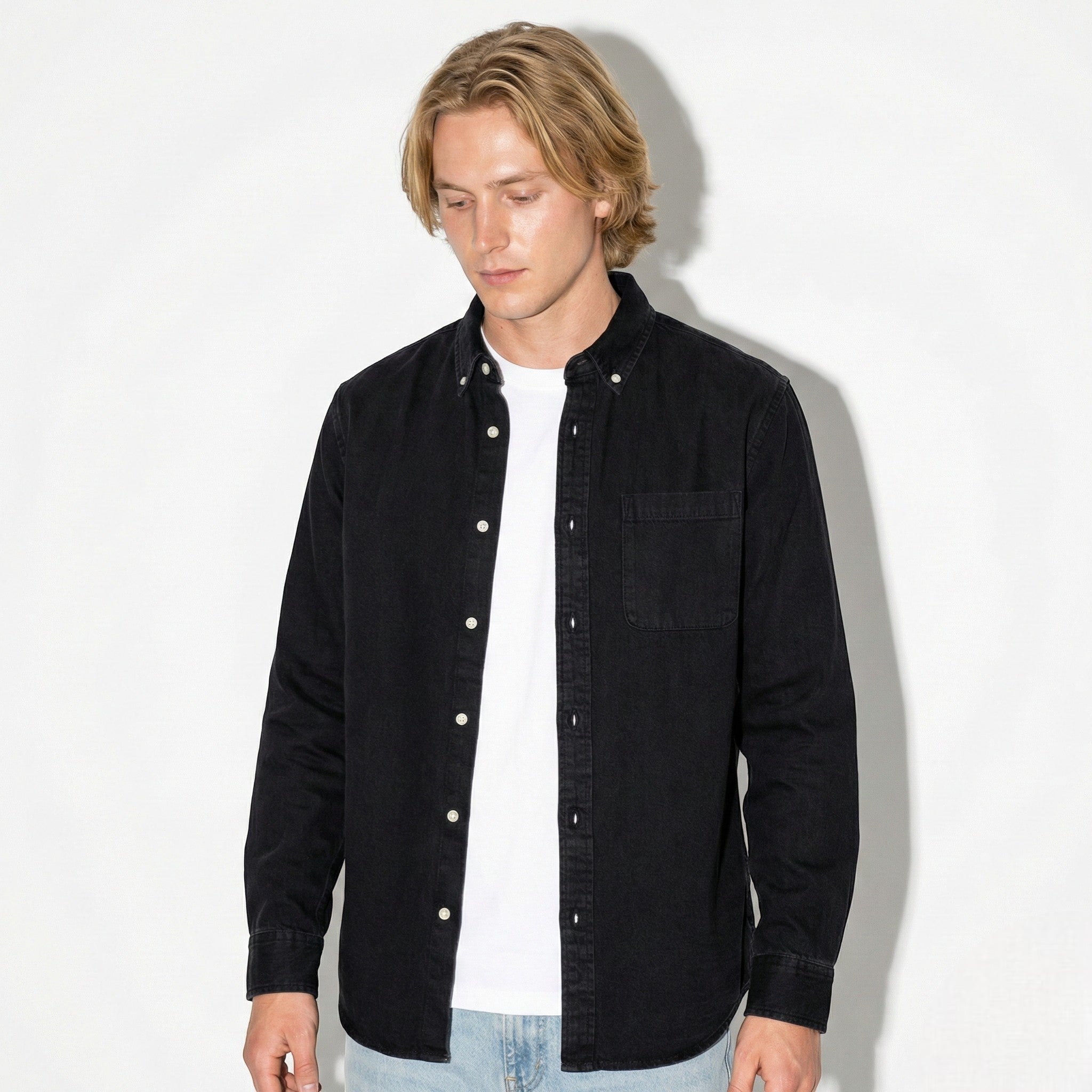 Noah - Men's Relaxed Long Sleeve Shirt with Notched Collar - Long Sleeve Polo Shirt - Black - Jones & Smith