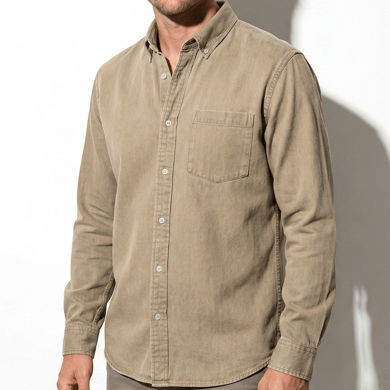 Noah - Men's Relaxed Long Sleeve Shirt with Notched Collar - Long Sleeve Polo Shirt - Khaki - Jones & Smith
